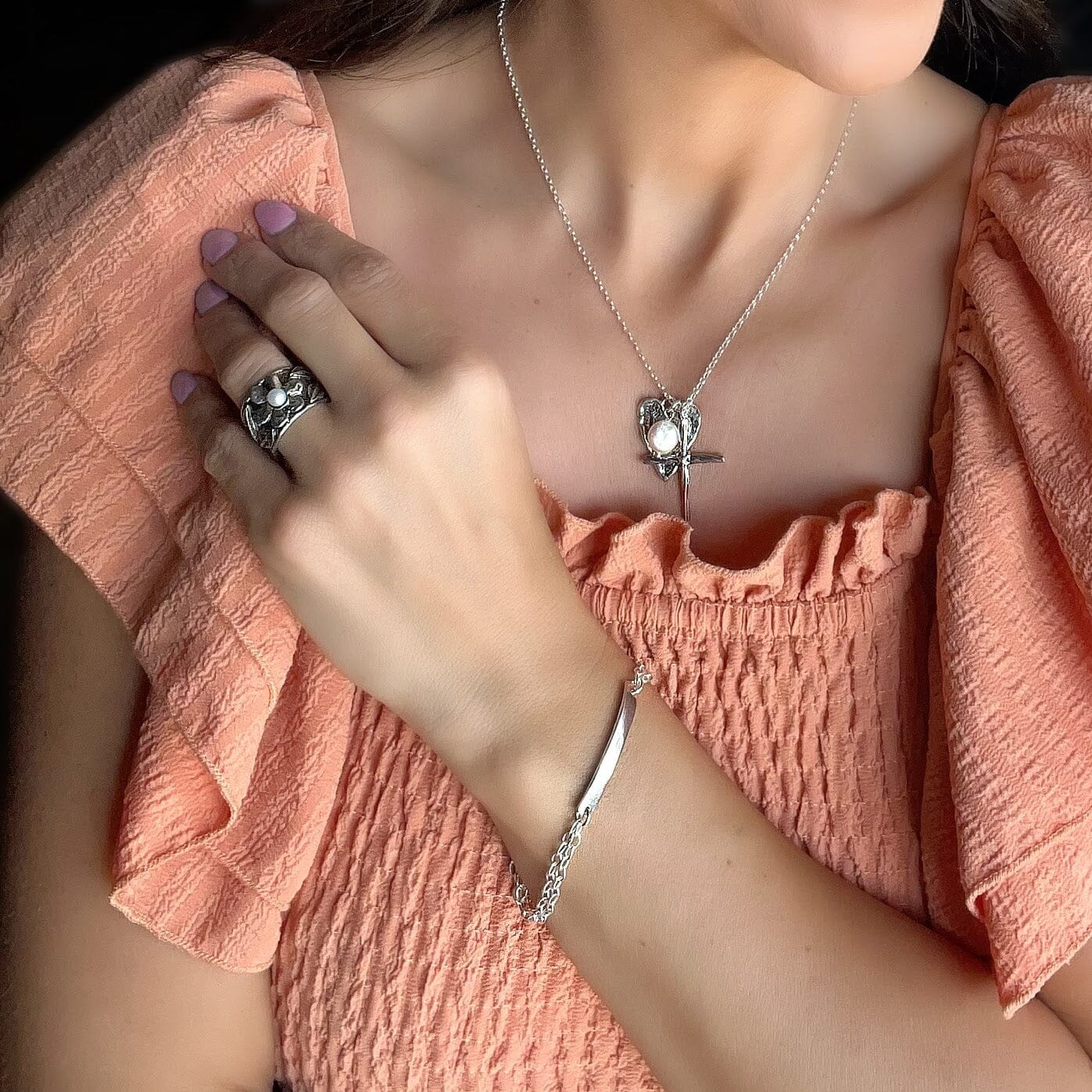 N-Style Bracelet paired with Forget Me Not Ring and Fearless Necklace