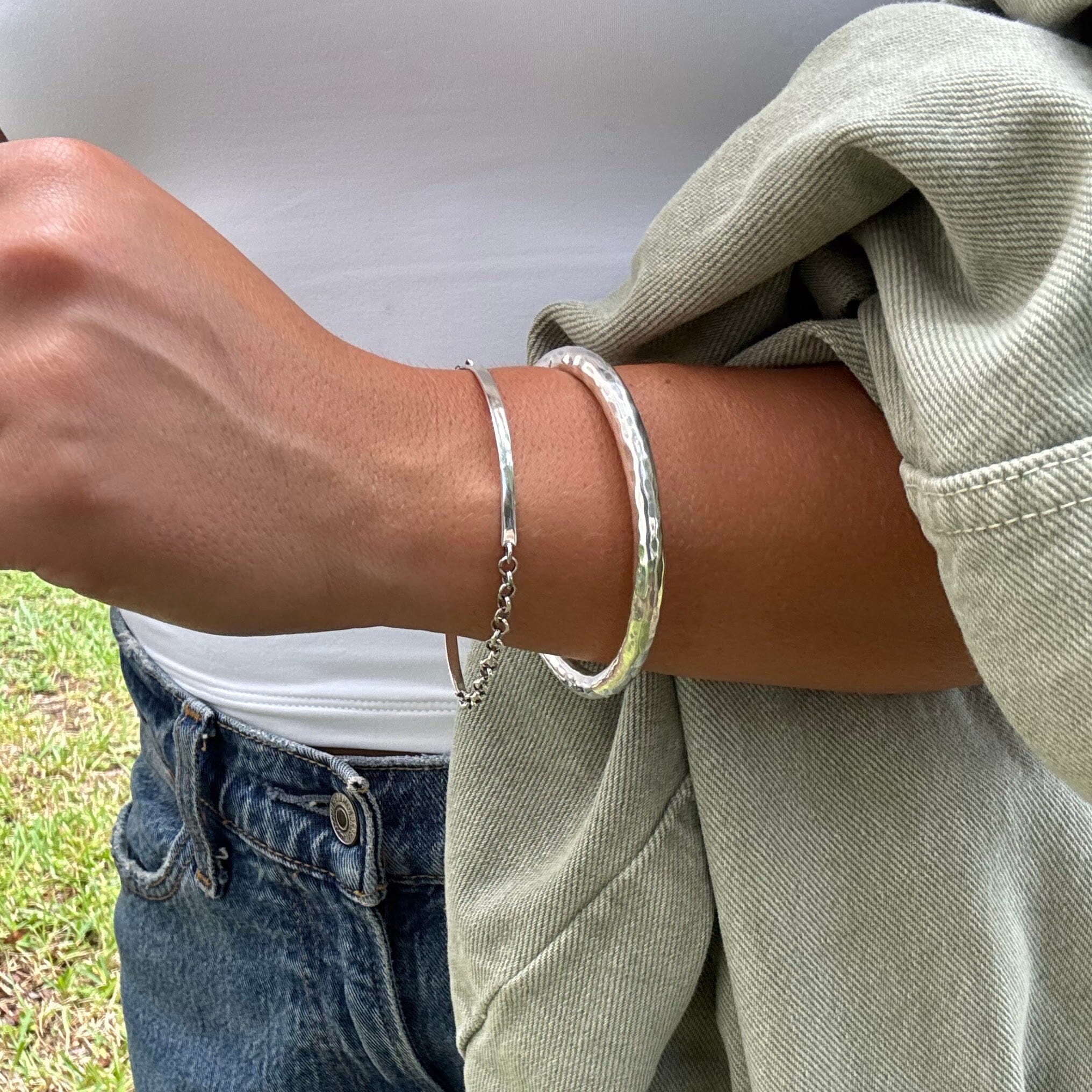 Sterling silver bar bracelet with chain links paired with the essentials bangle
