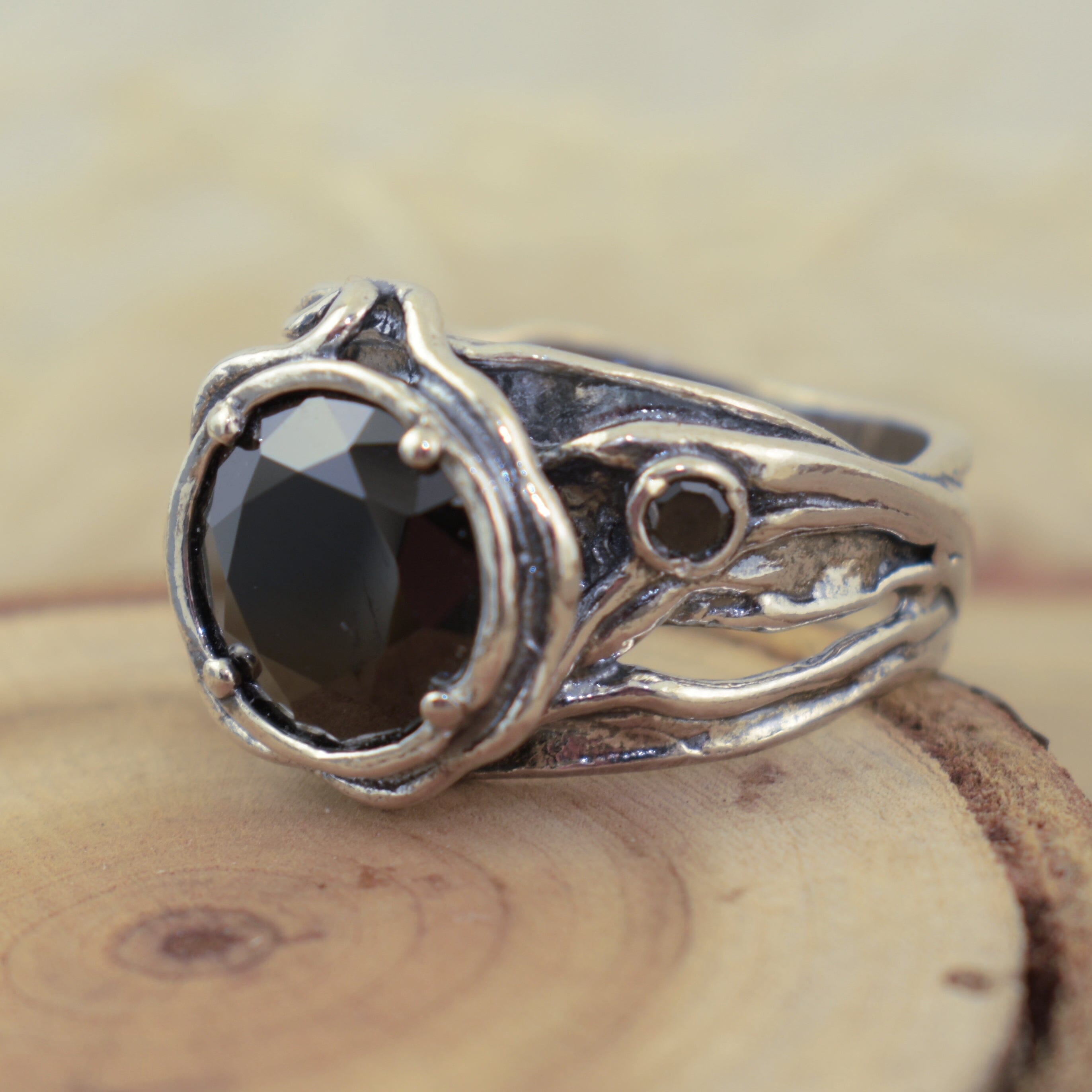 Black cubic zirconia stone ring set in antiqued .925 sterling silver