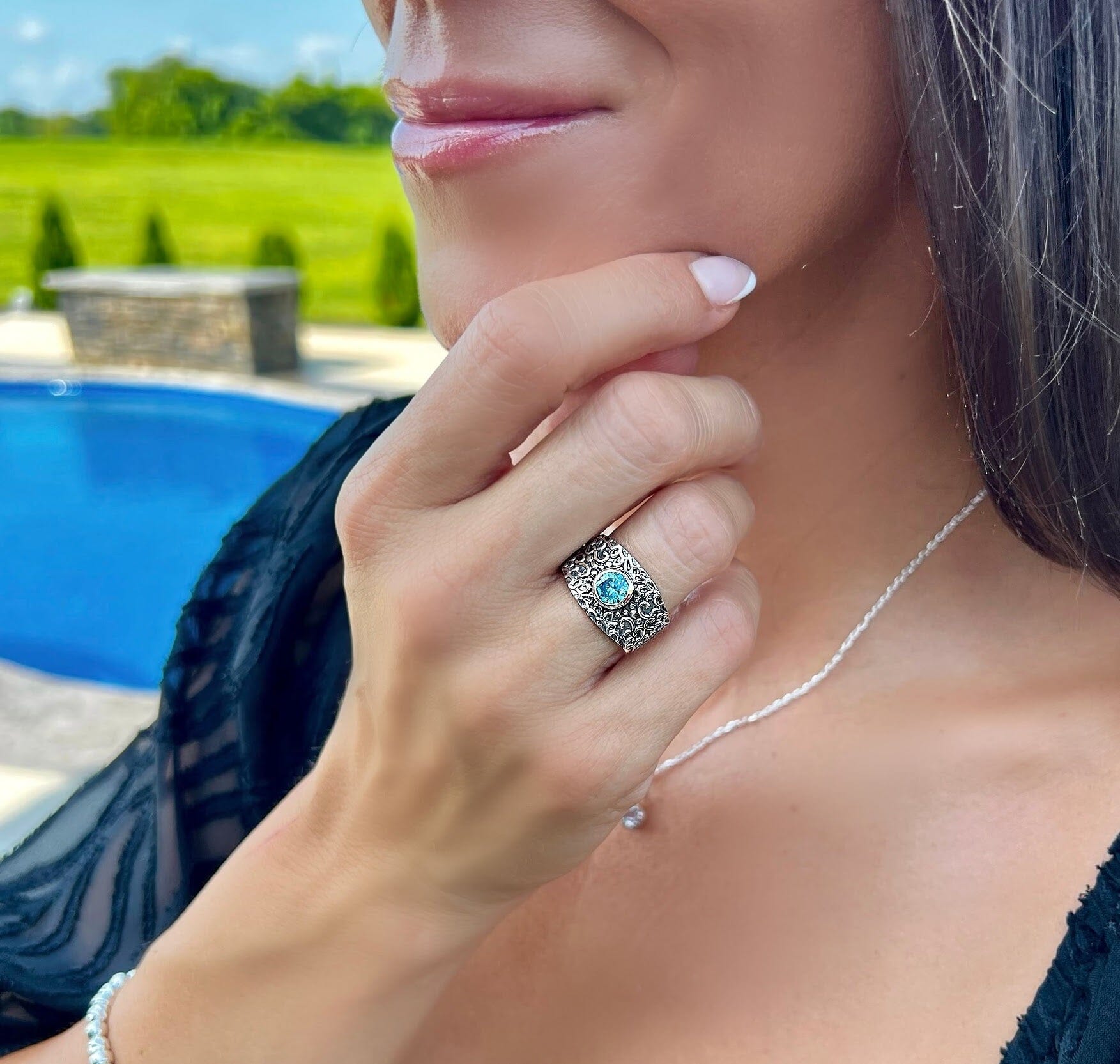 Blue CZ stone ring paired with Shine on necklace
