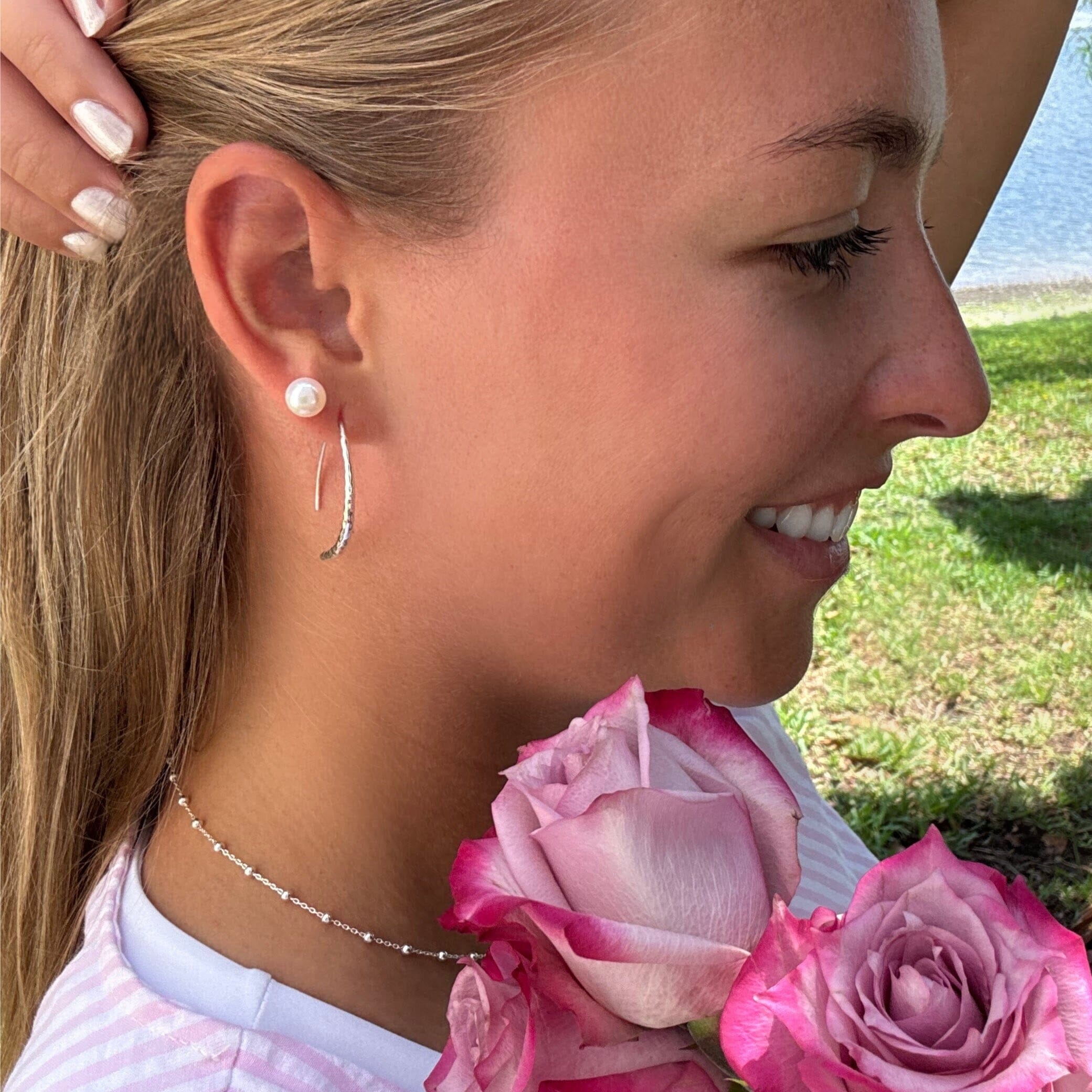 Bay Shore Earrings worn in second earring hole with Strike a Pose Earrings