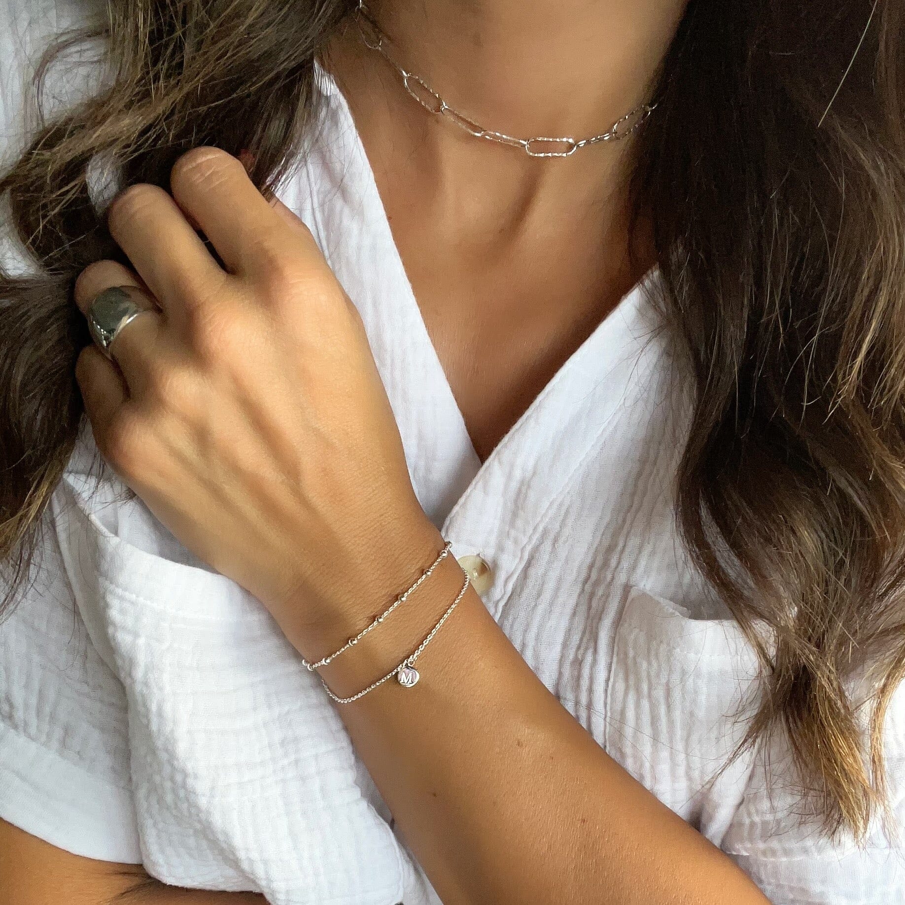 Be You Personalized Bracelet paired with Hammered Paperclip Chain and Classic Dome Ring
