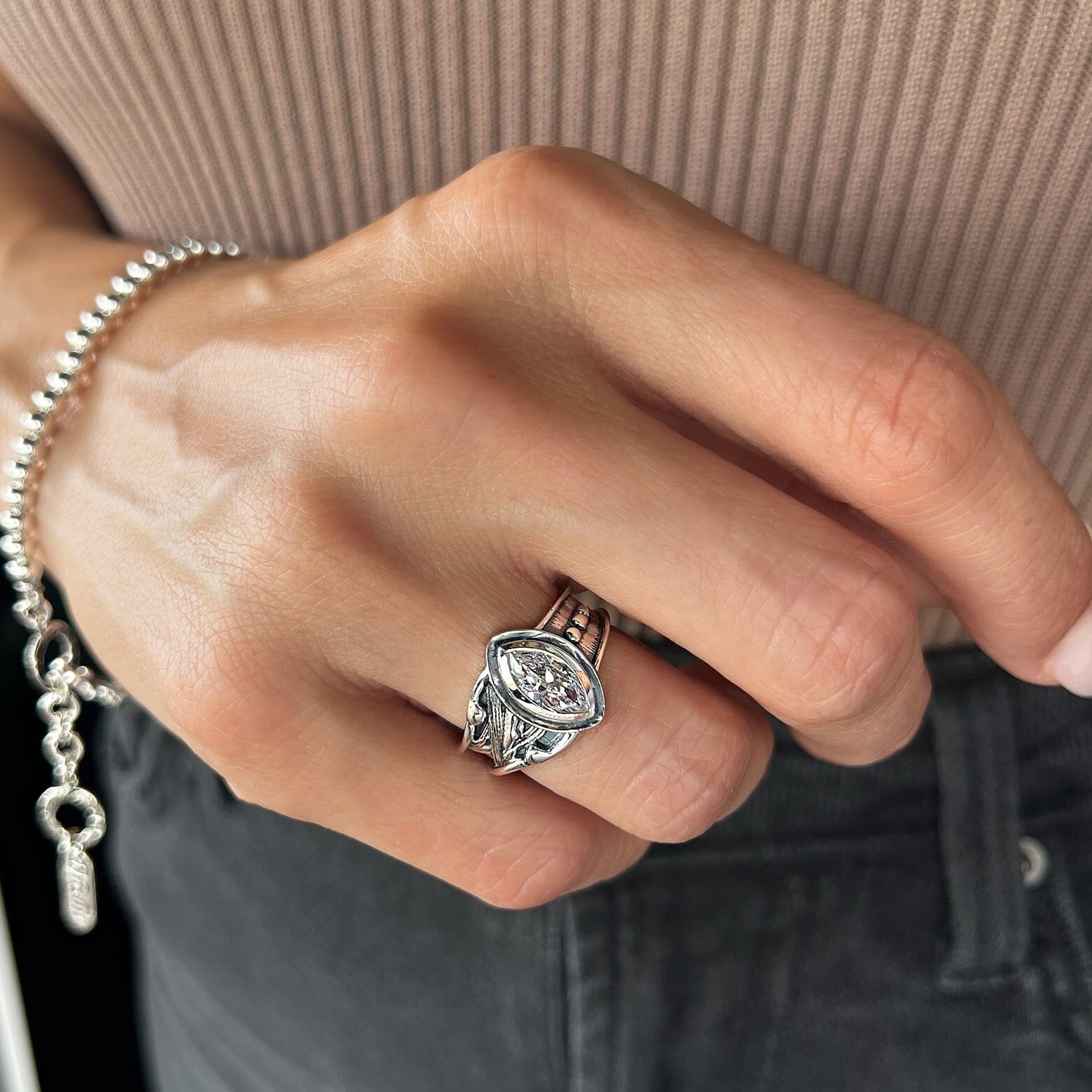 marquise cubic zirconia stone bezel set in designer sterling silver - Business Casual