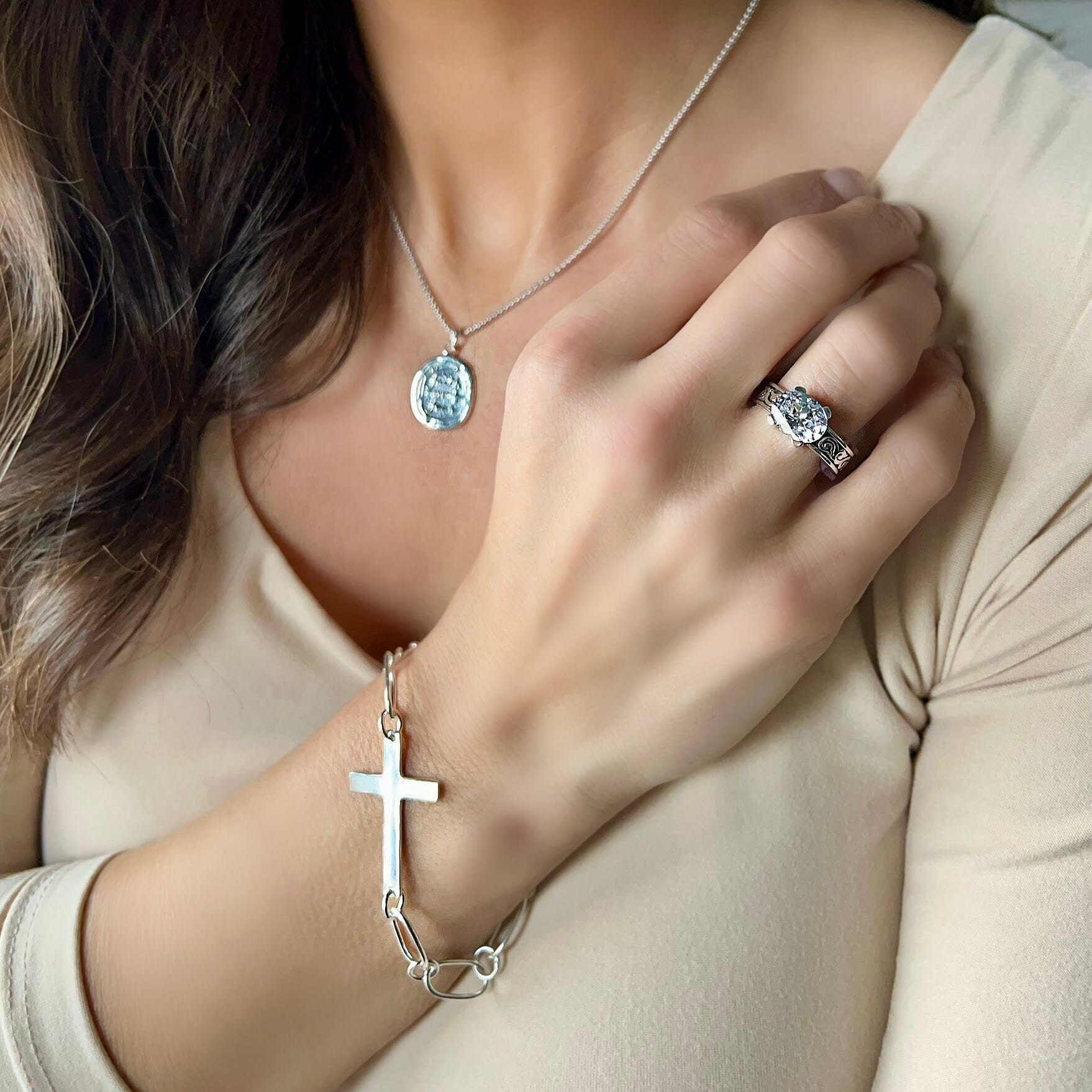 .925 silver ring Calista paired with forever linked bracelet and fear not necklace