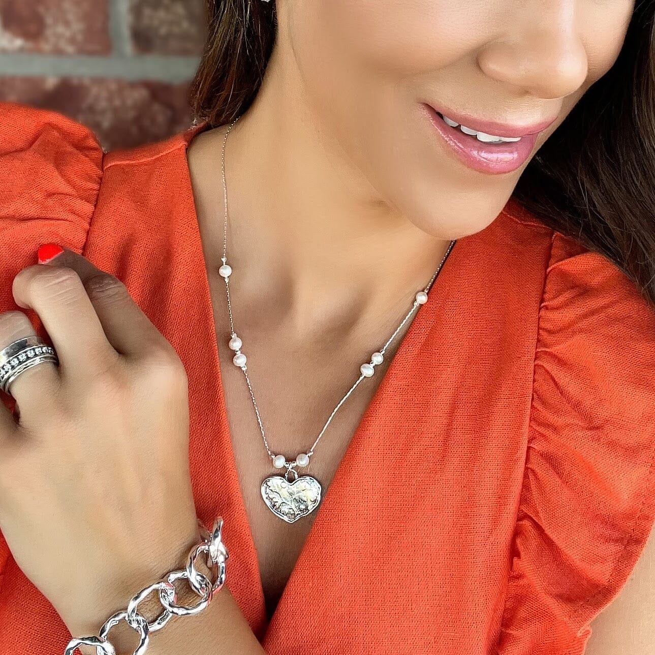 Call Me Sweetheart Necklace paired with a sterling silver & cz spinner ring and chunky silver bracelet