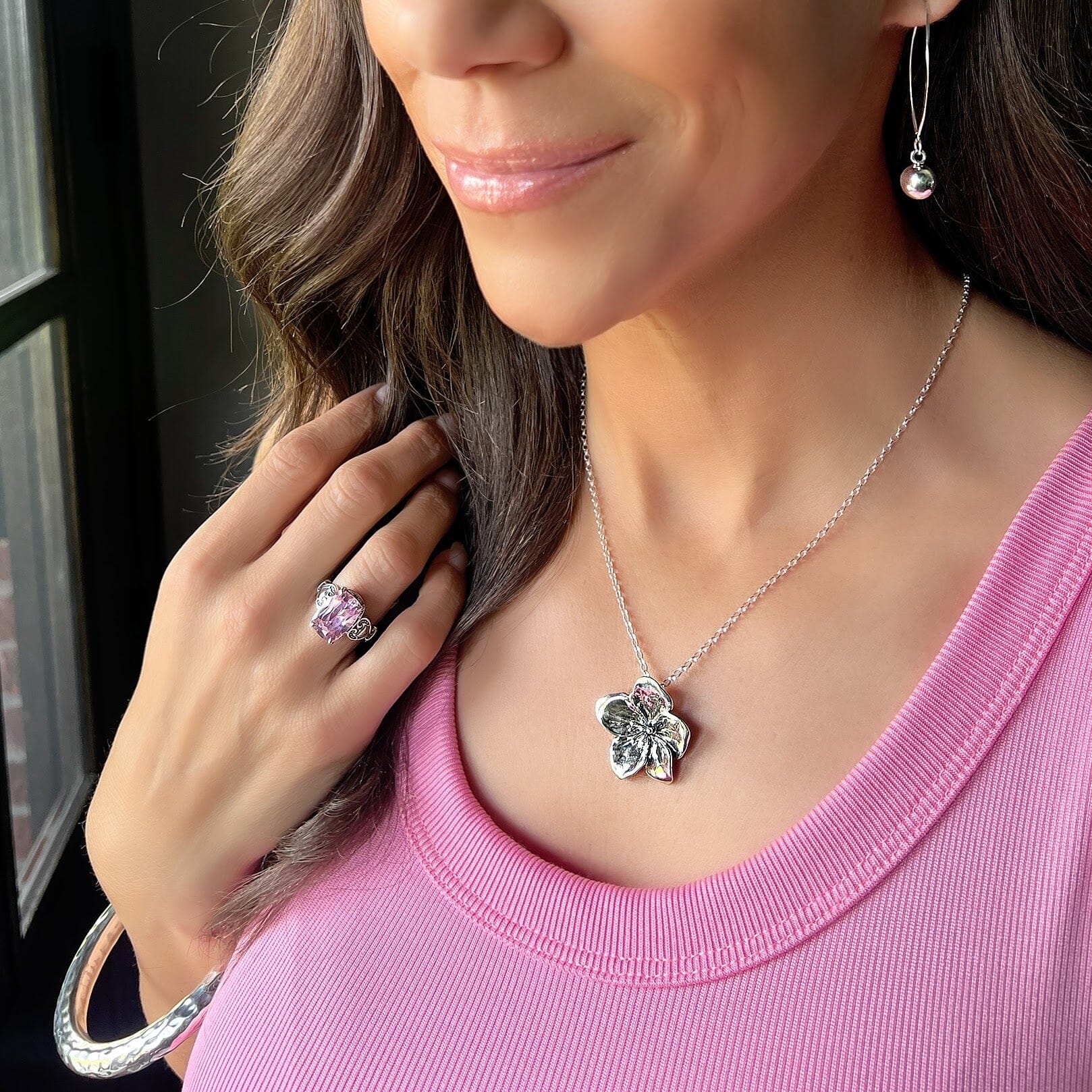 sterling silver Cherry Blossom necklace paired with roundabout earrings, hammered bliss bangle and pink parfait ring