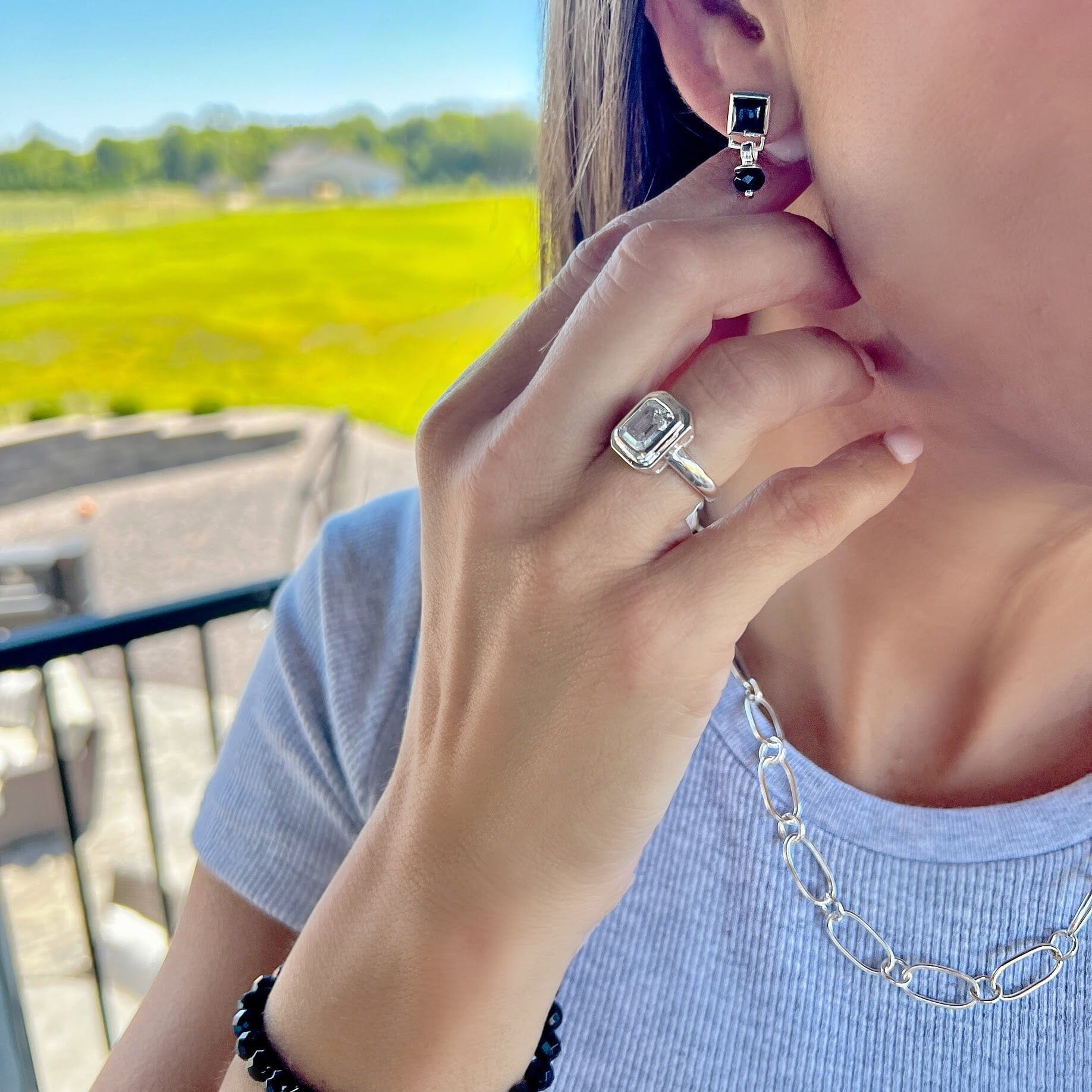 Don't Be Basic Earrings paired with Tiffany Ring, Forever Linked Chain, and Put'n on the Glitz Bracelet in onyx