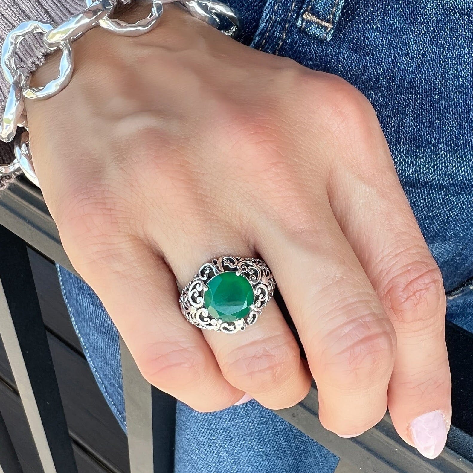 chunky silver ring featuring round green onyx