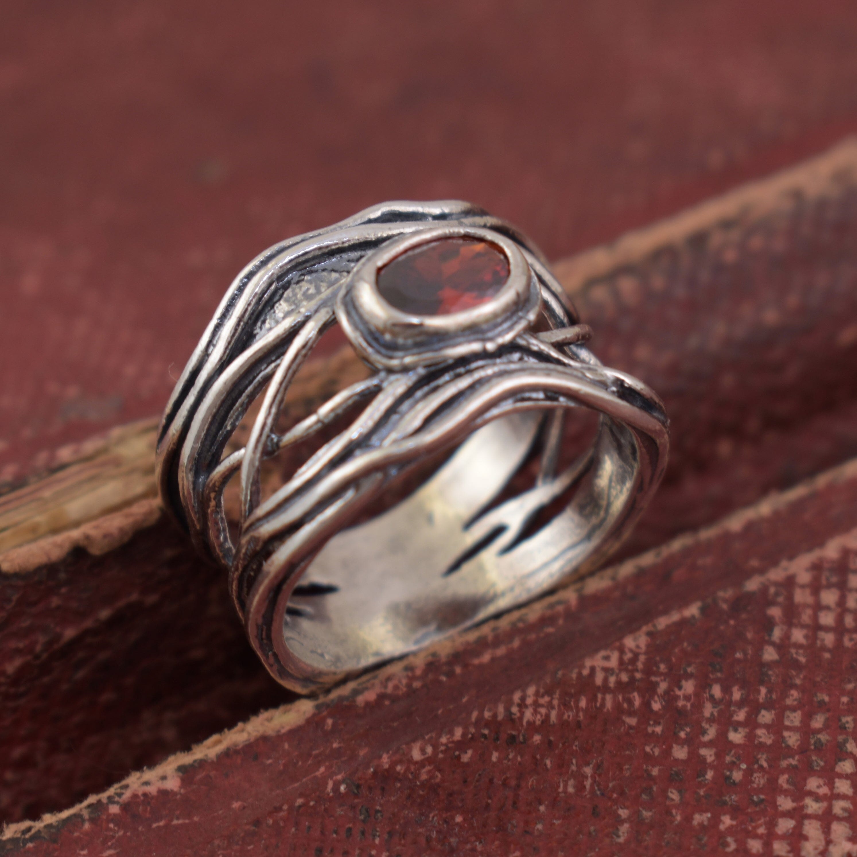 garnet cubic zirconia stone bezel set in organic wave sterling silver ring - Garnet Streams