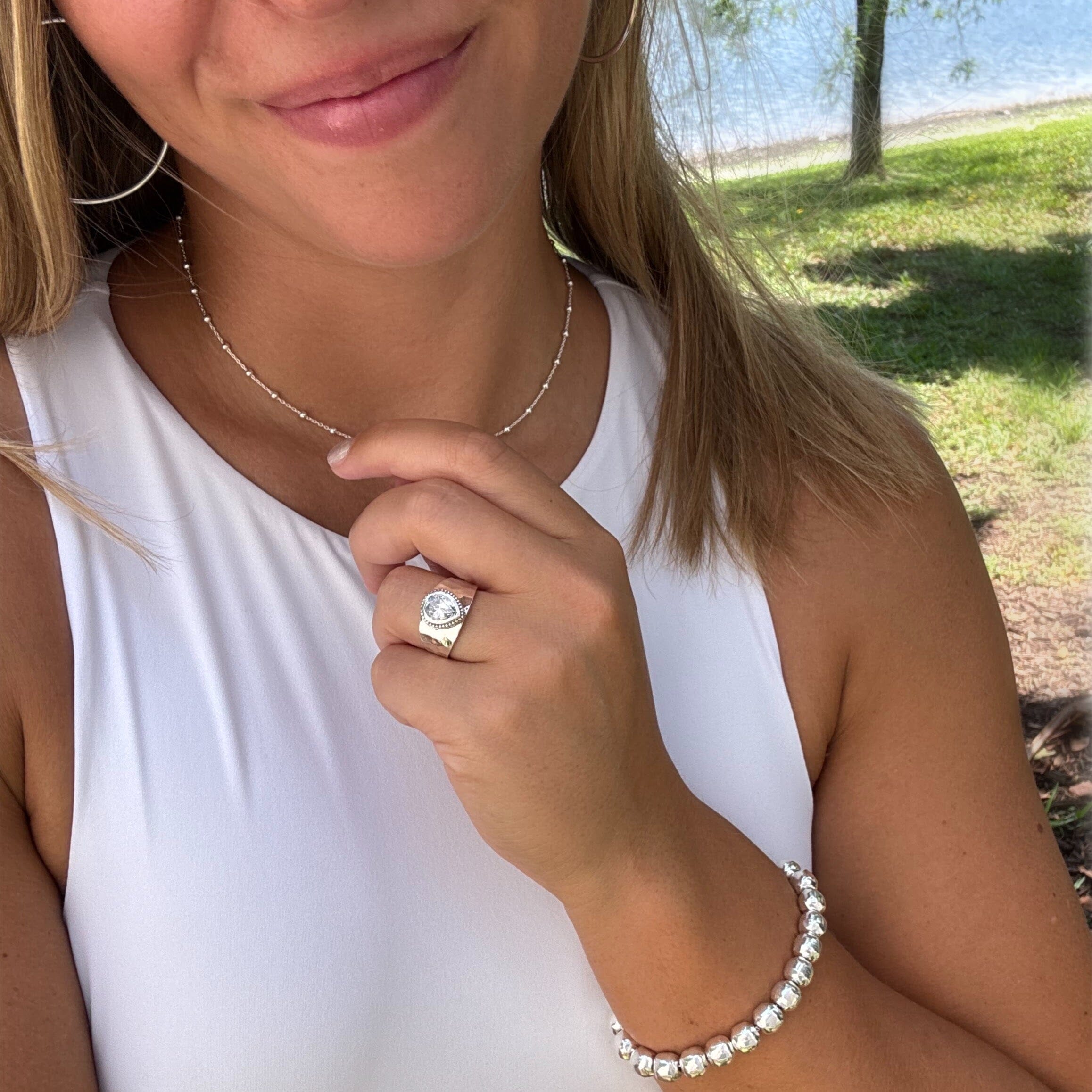 Glam Drop Ring paired with Lit'l Bead Station Choker and Influencer Bracelet