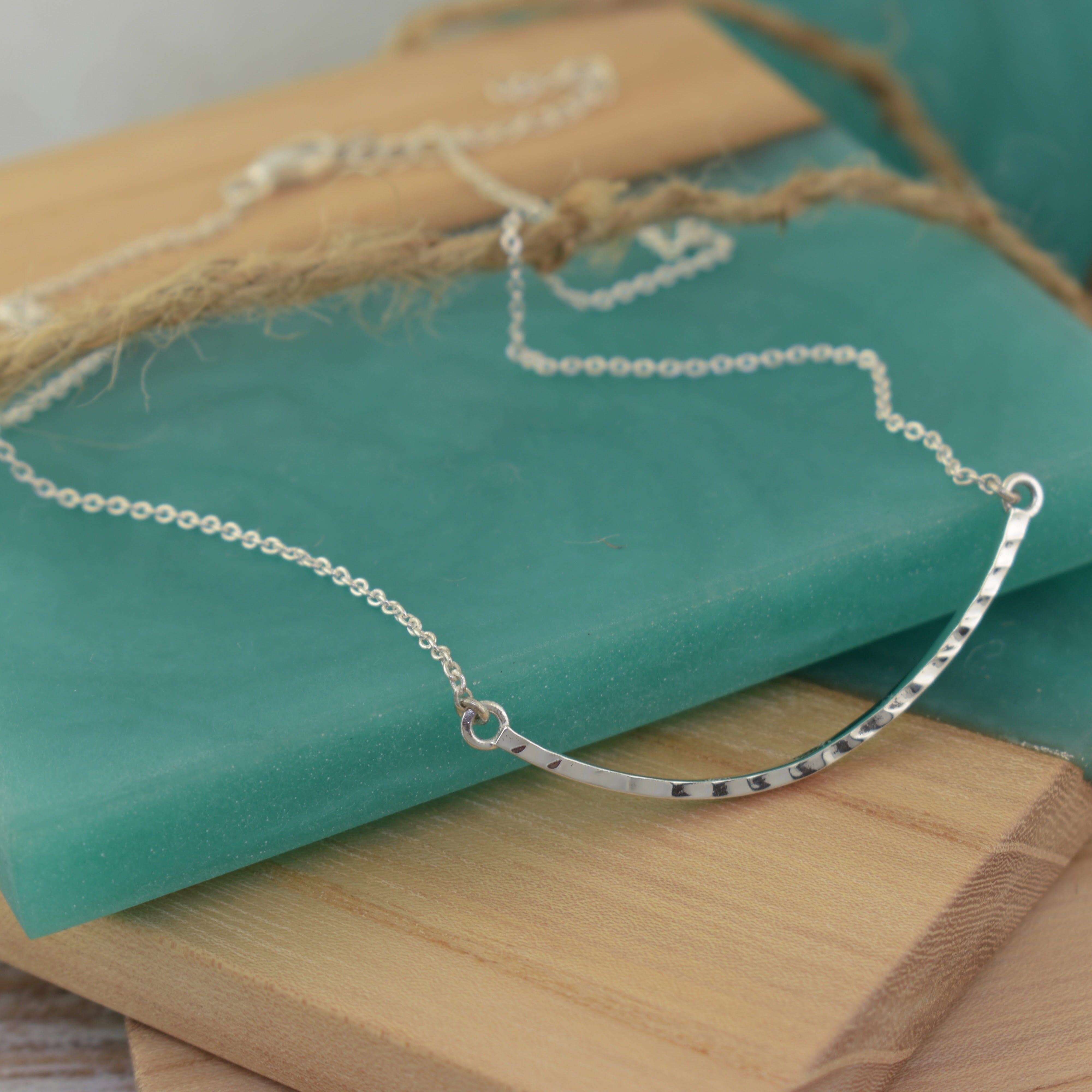 sterling silver bar necklace with a hammered finish
