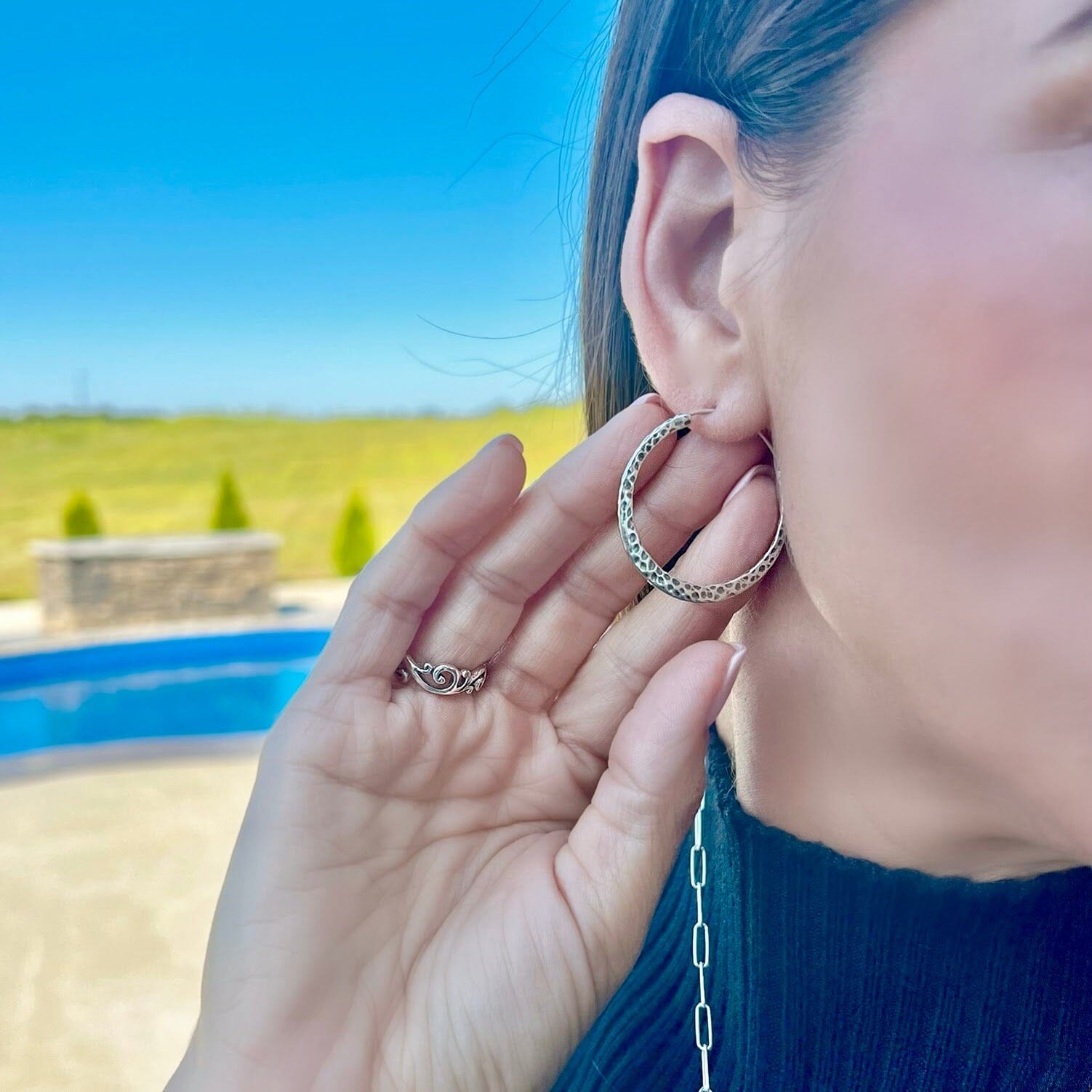 sterling silver hand forged hoop earrings