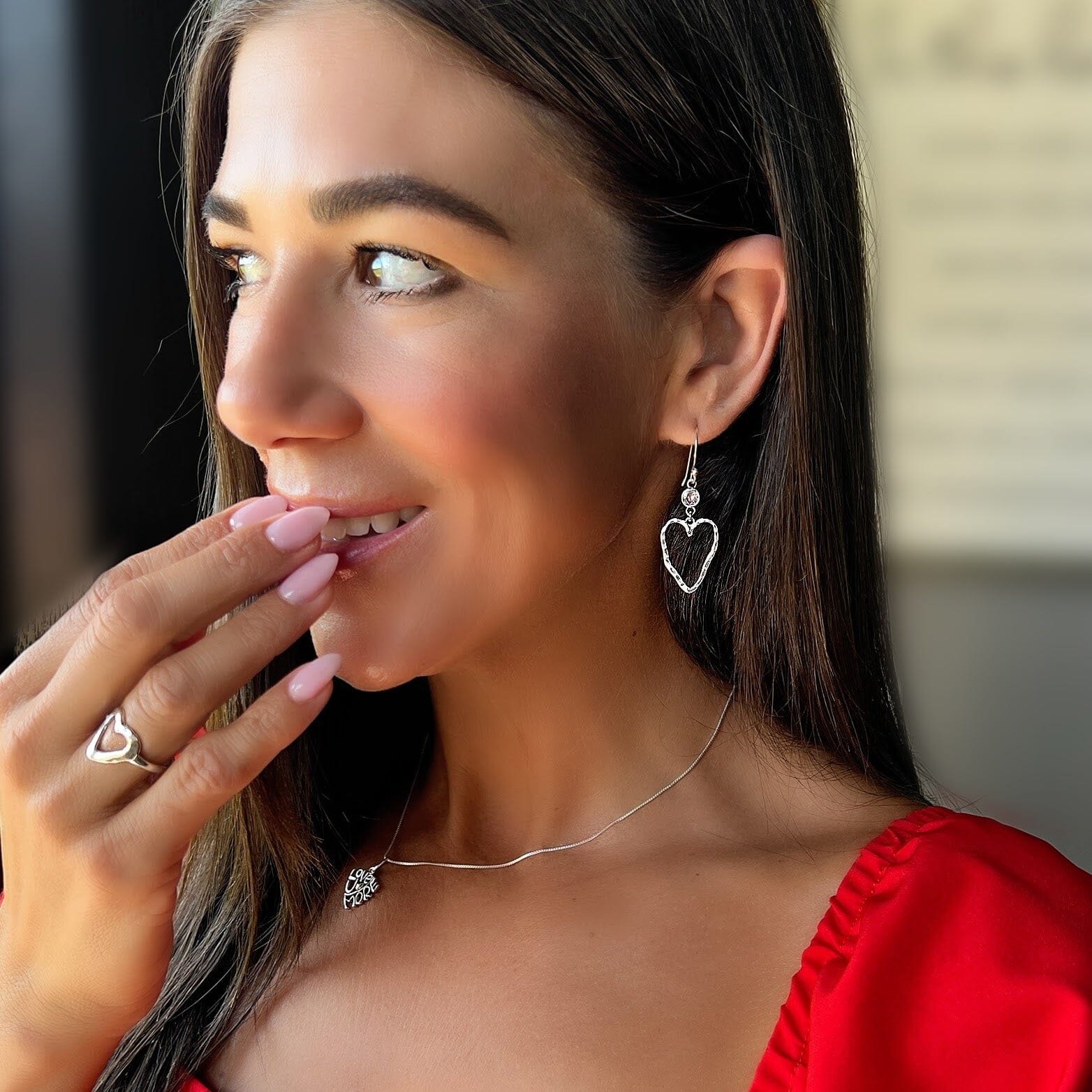 Hearts Aflutter earrings paired with Love you more necklace and open heart ring