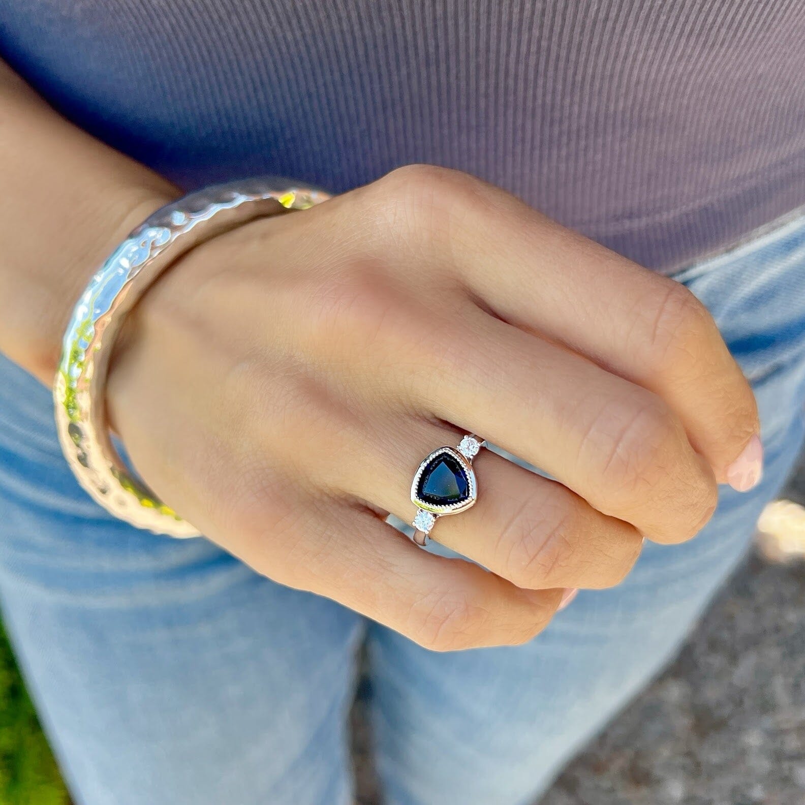 Honor Ring paired with hammered bangle