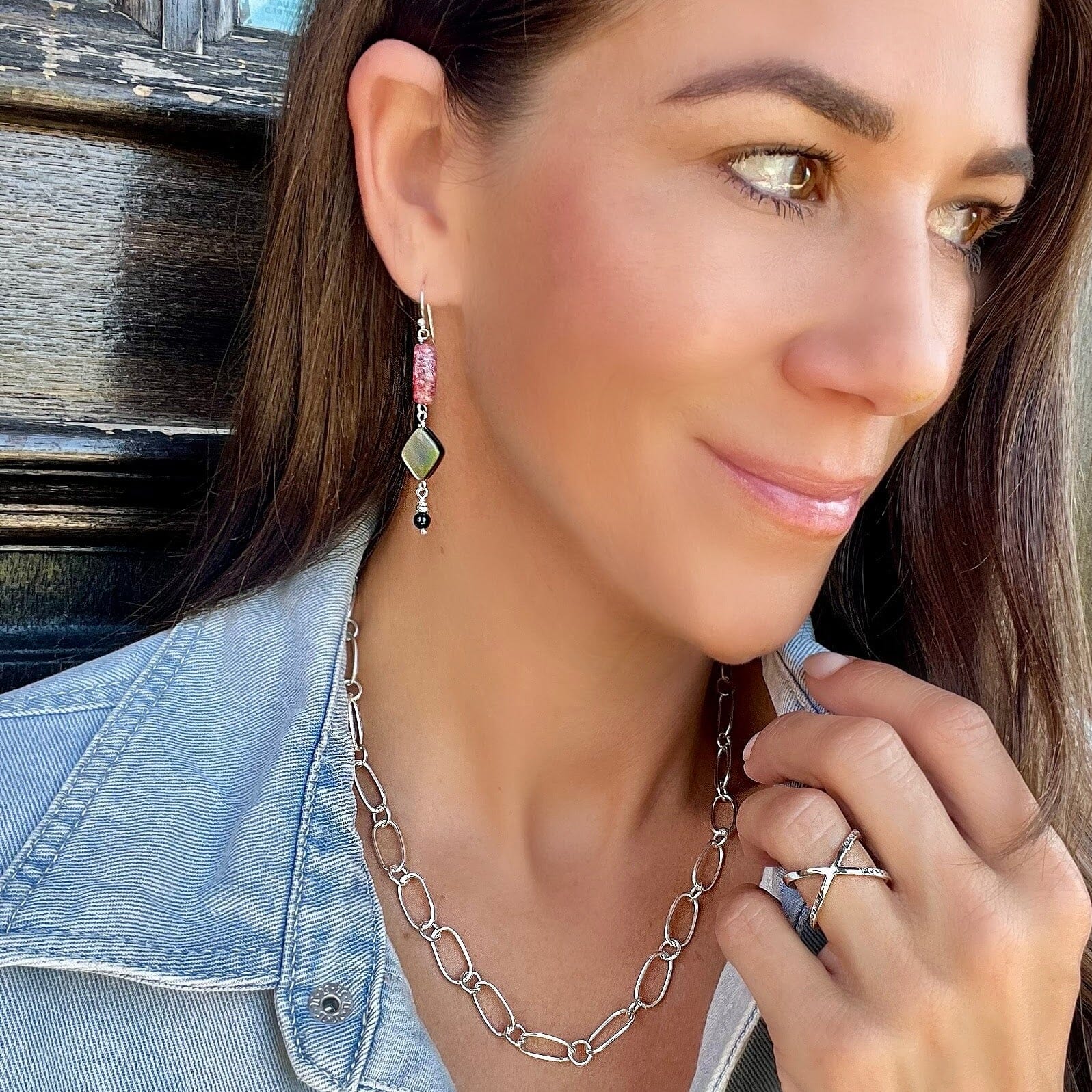 Rhodonite, Mother-of-Pearl, and Onyx stone earrings