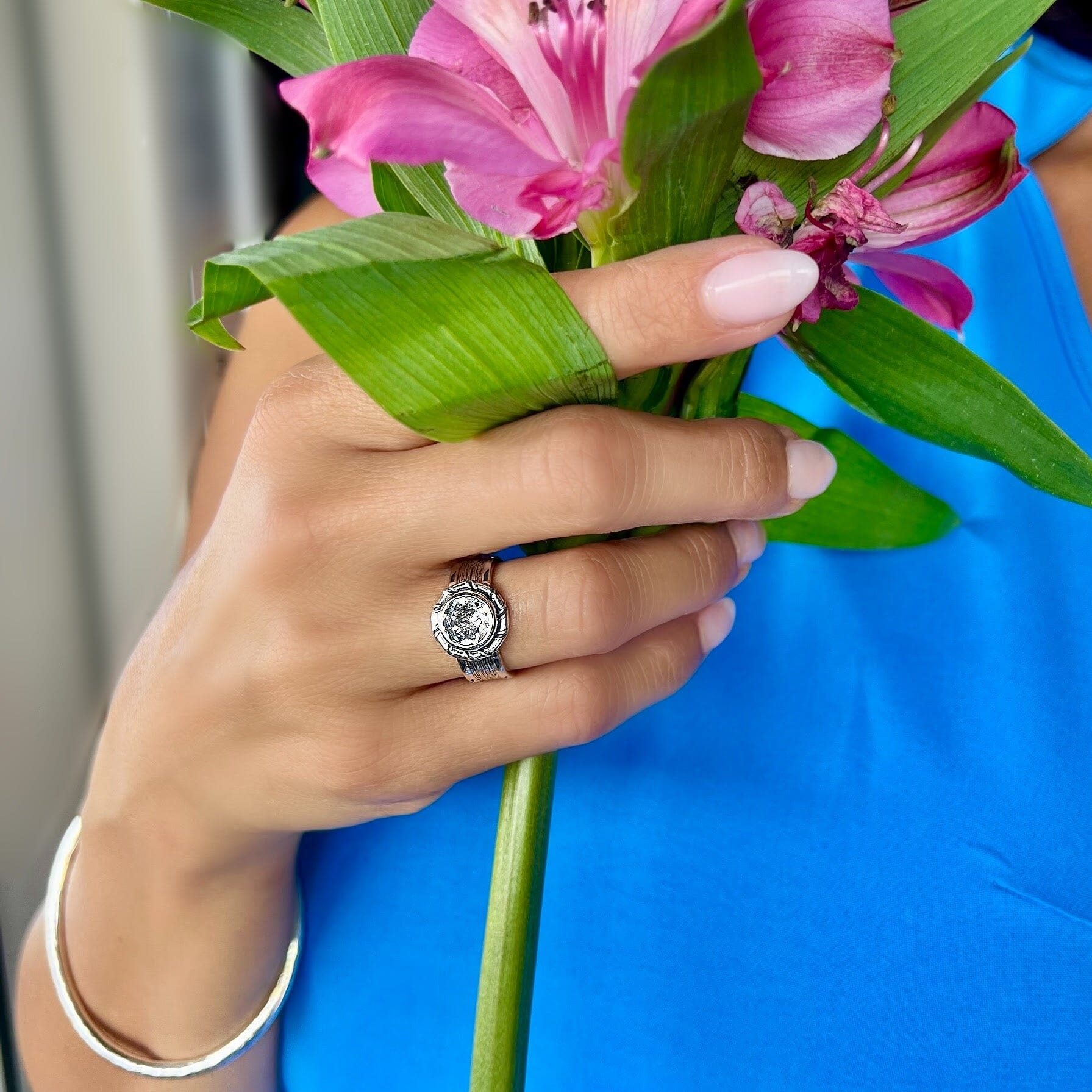 sterling silver ring with a handcrafted ring with a clear CZ stone