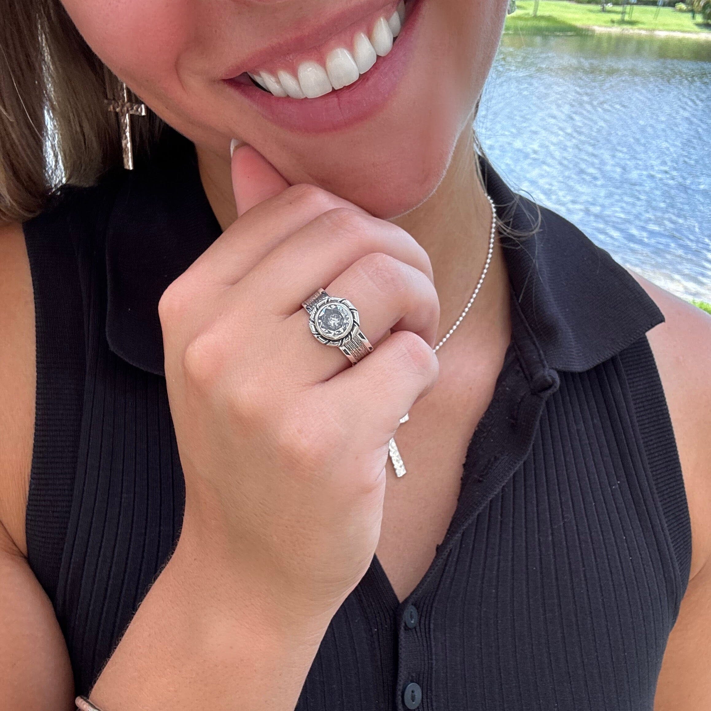 Sterling silver oxidized high polished ring paired with cherished one necklace and earrings