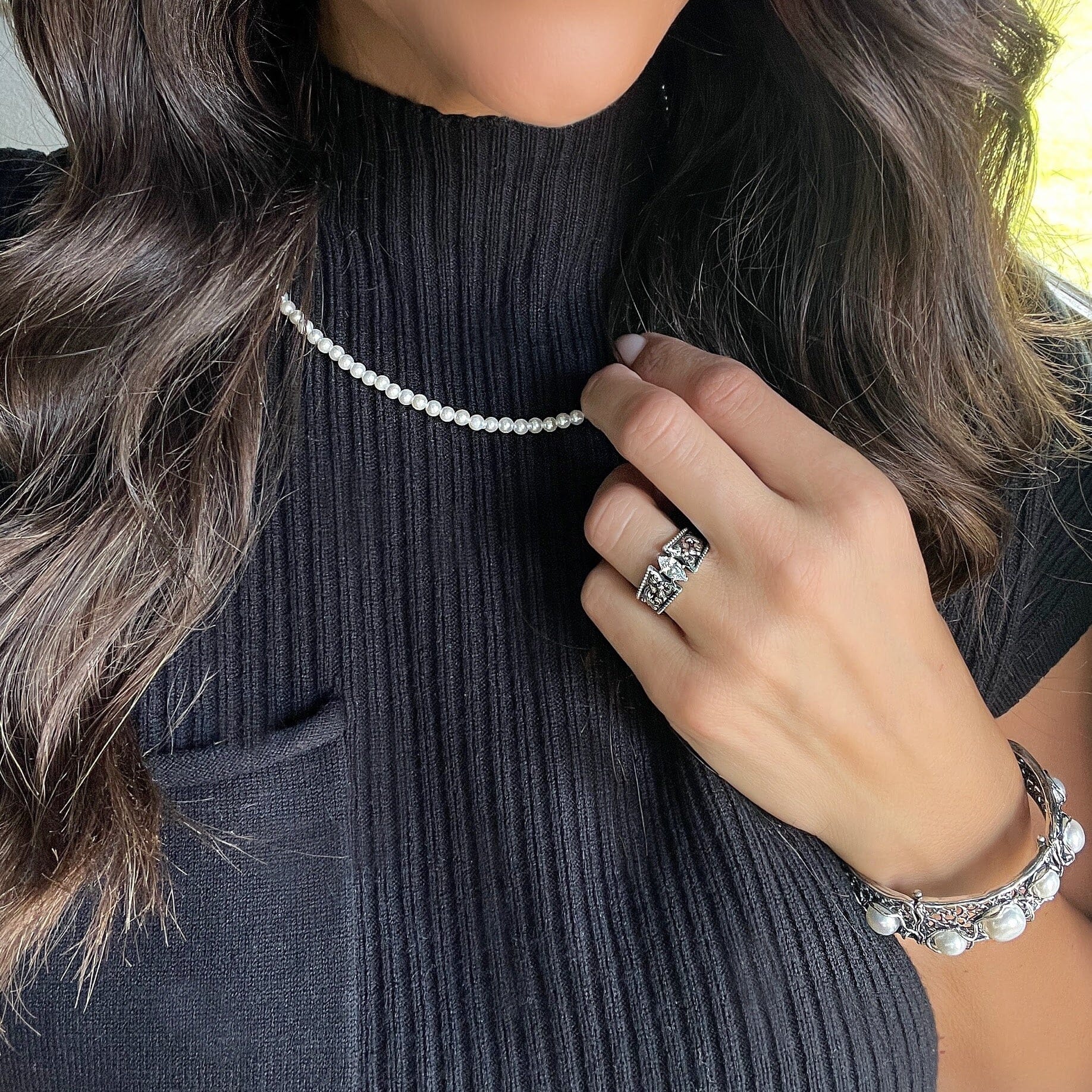 madam marquee sterling silver ring paired with the Fabulous bracelet and a pearl simplicity necklace