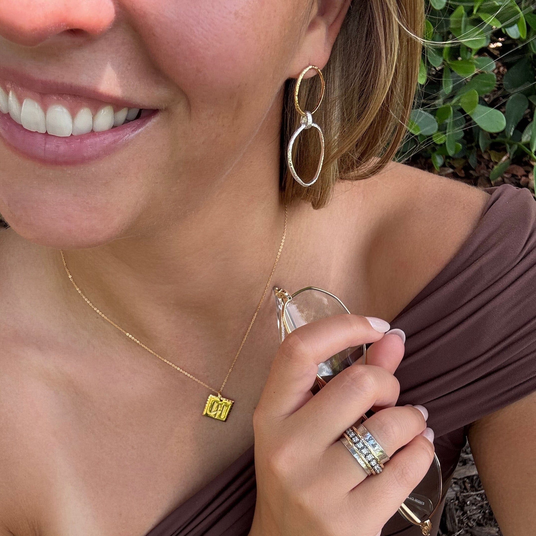 Mixed Messages Earrings paired with Primitive Shine Ring and the Gold 41 Necklace