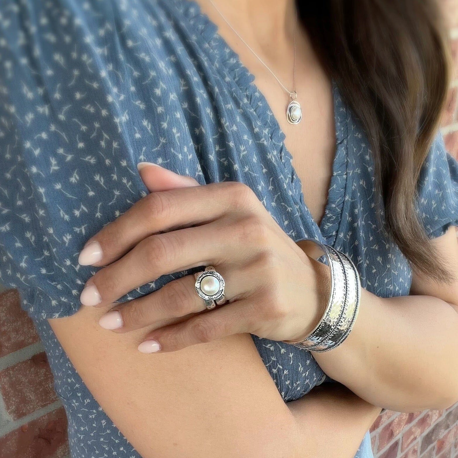 Not Too Shabby Ring paired with pearl Ella Necklace and Aztec cuff