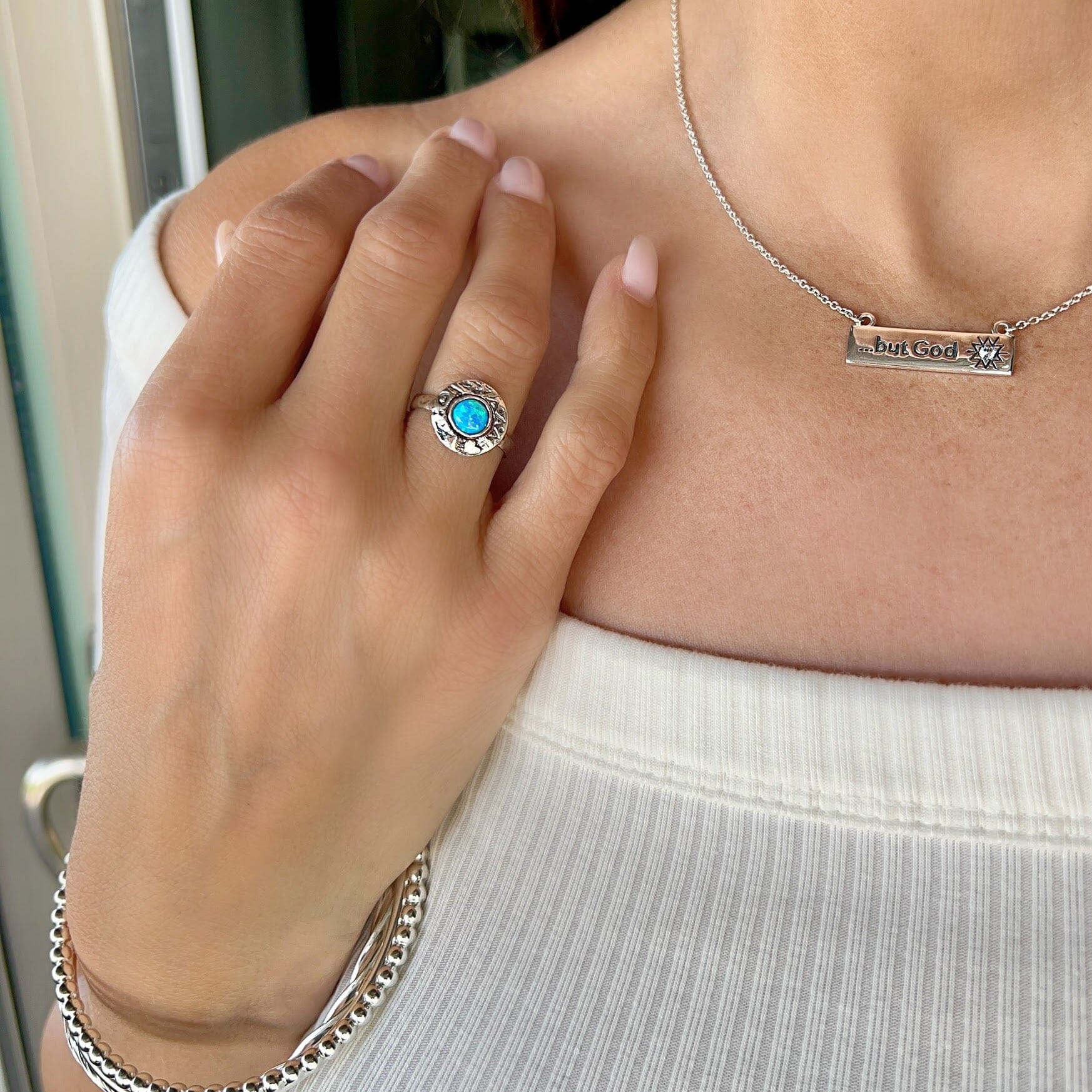 Opal Celebration Ring paired with All the Rage Bangle and But God Necklace