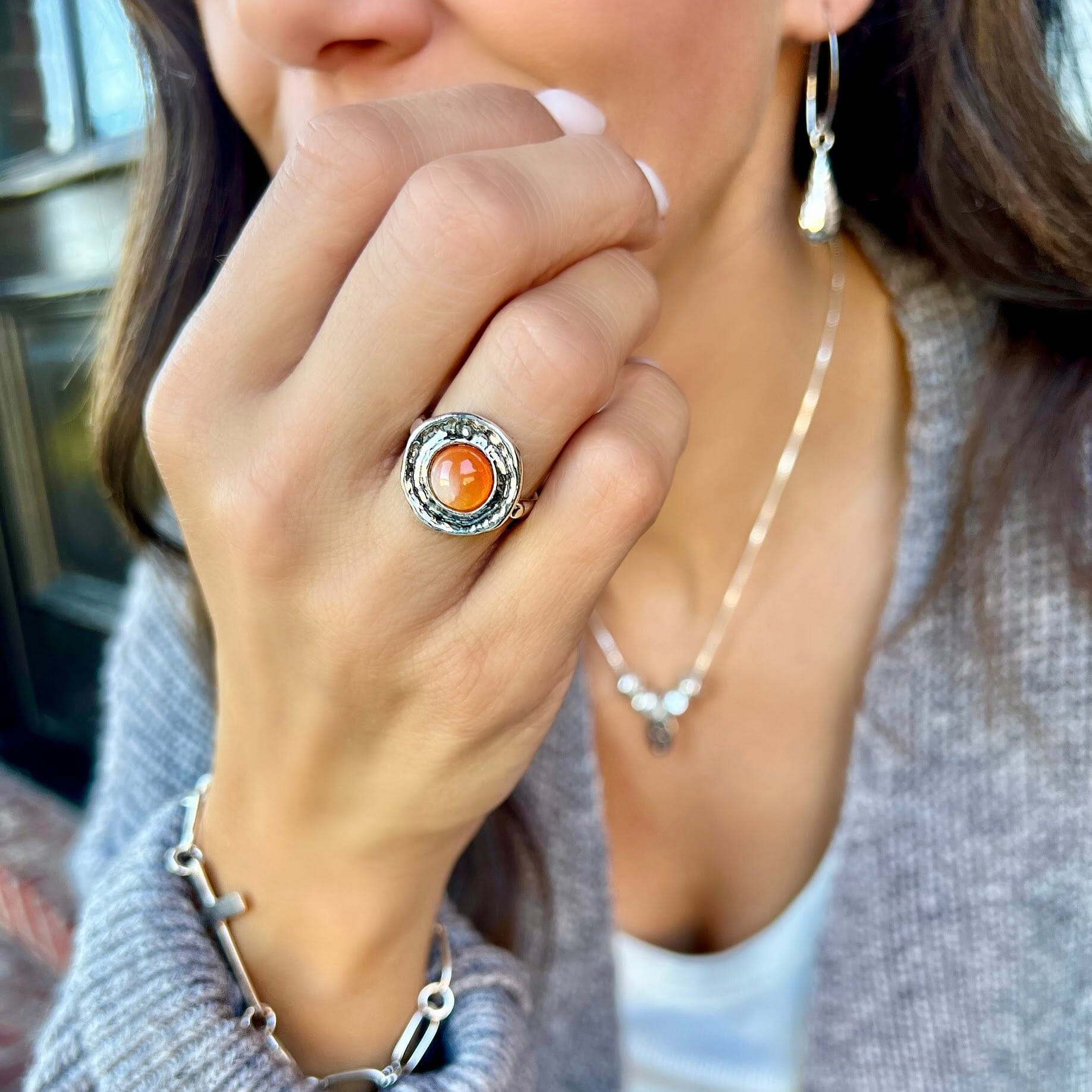 unique orange opal stone bezel-set in designer silver ring