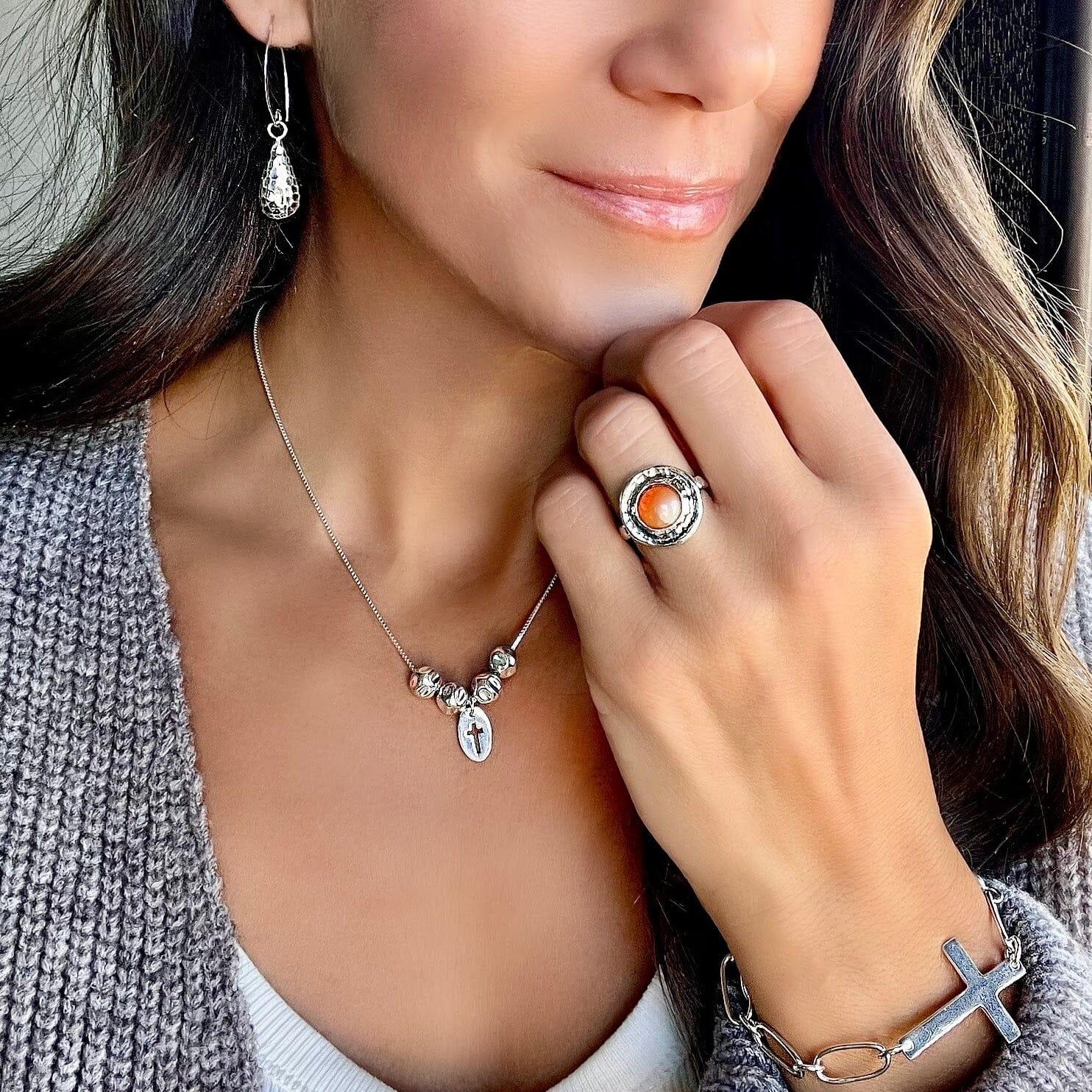 Orange You Glad Ring paired with Mucho Gusto Earrings, The Rock Necklace, and Forever Linked Bracelet