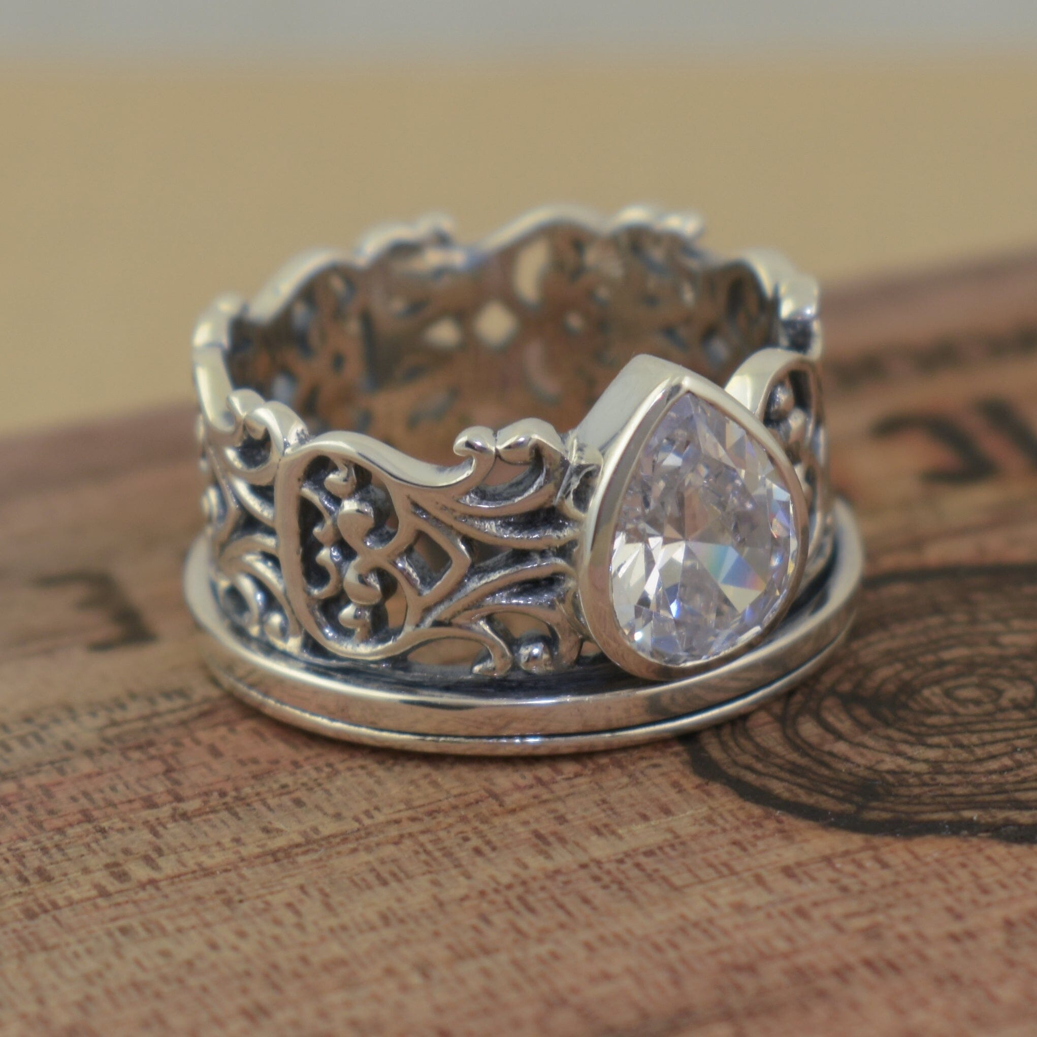 Pear-shaped CZ stone ring on a sterling silver band
