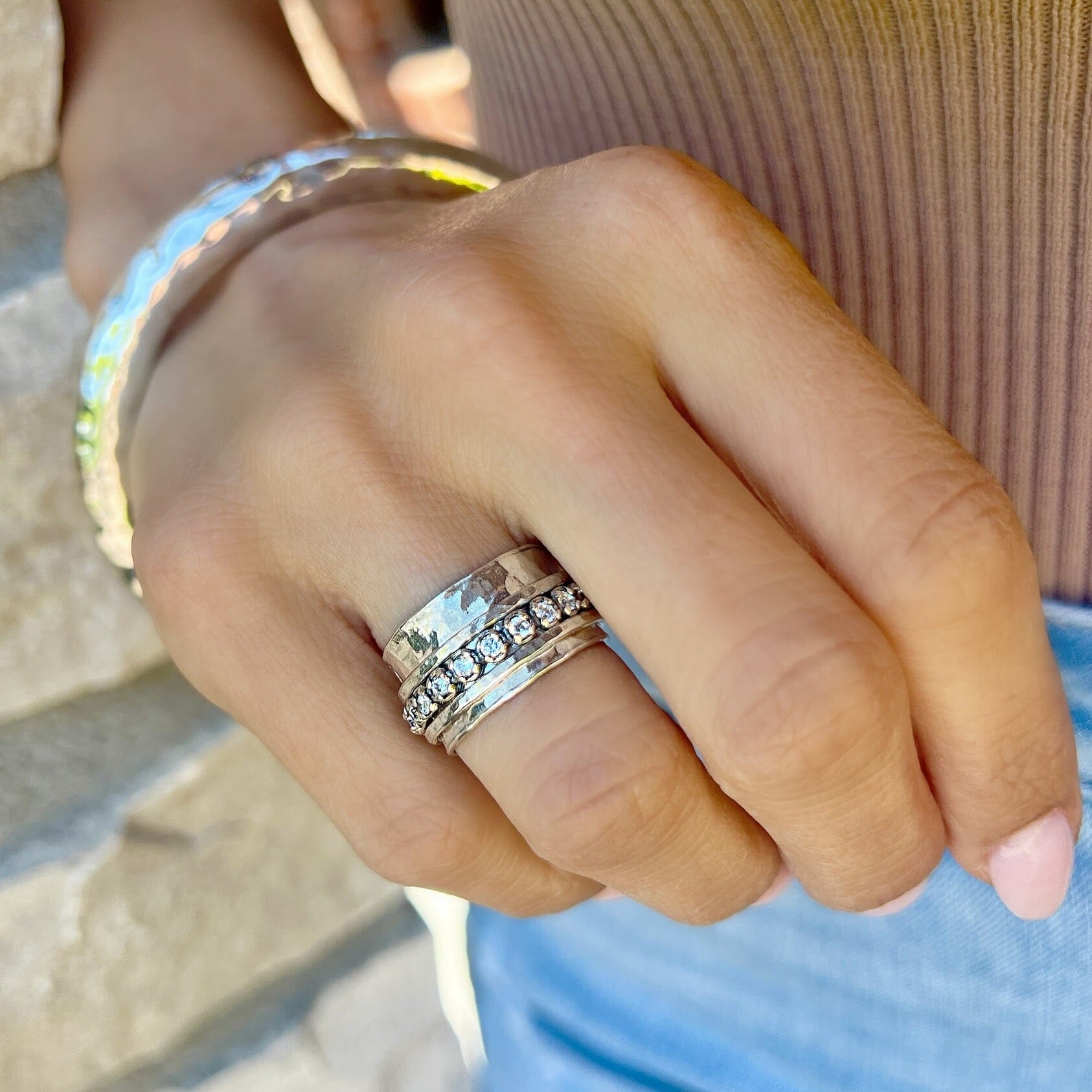 sterling silver wide band hammered ring