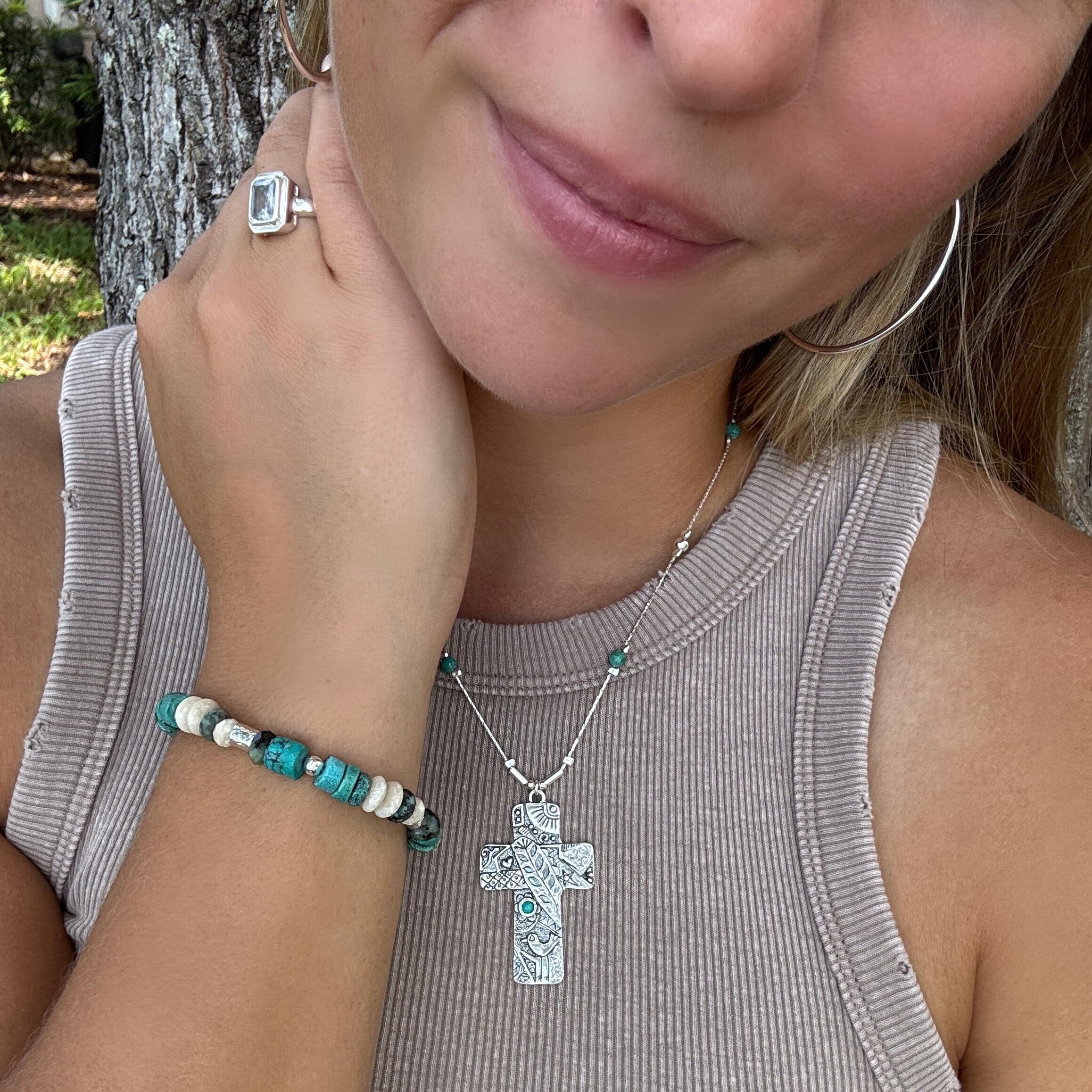 sterling silver turquoise bracelet paired with the De Cristo necklace