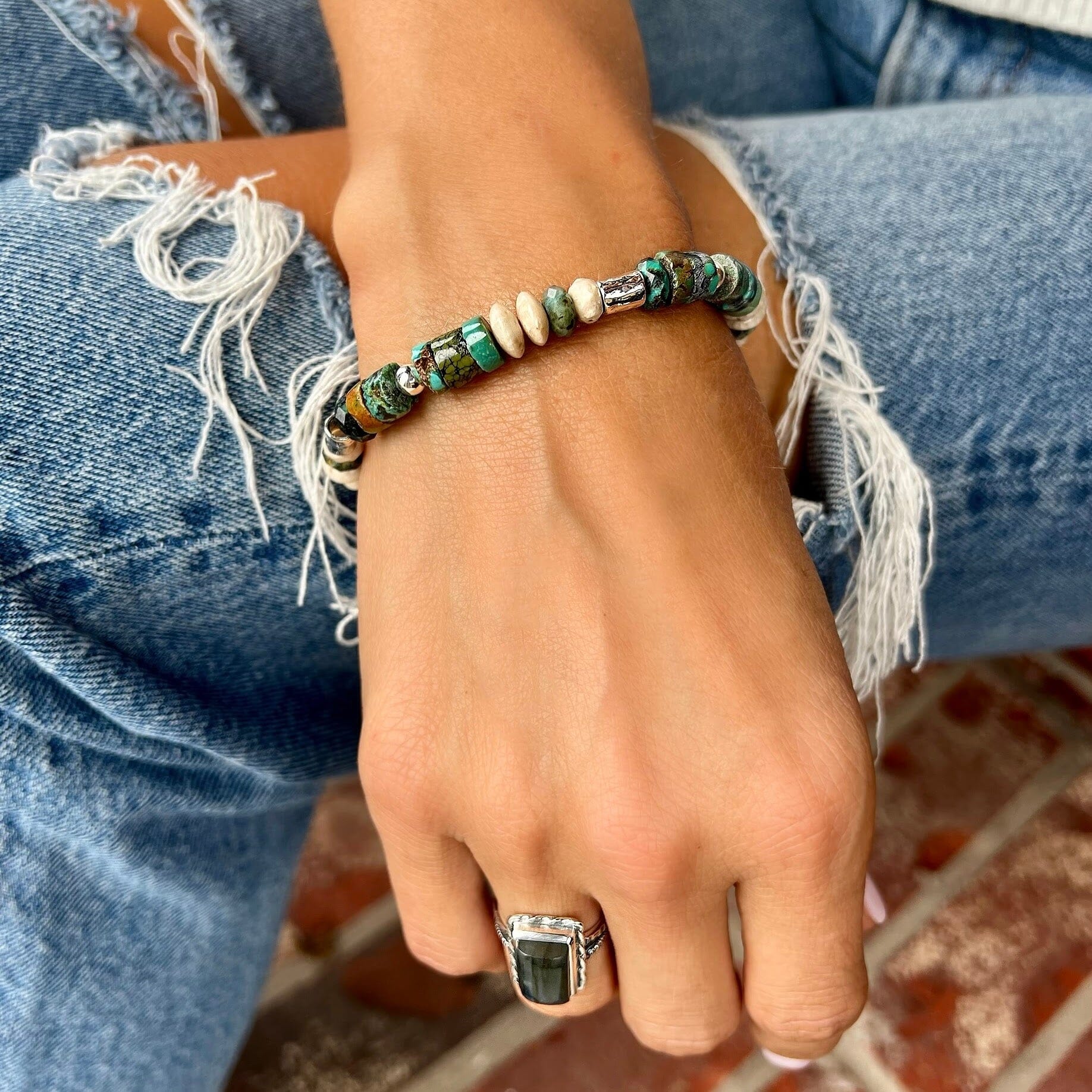 river-stone bracelet paired with the London fog ring