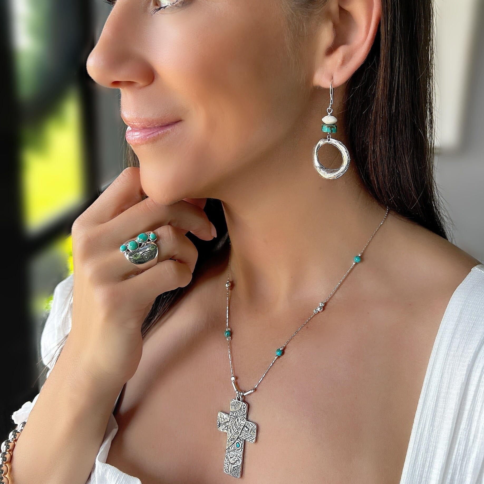 River-stone earrings, De Cristo necklace and journey ring
