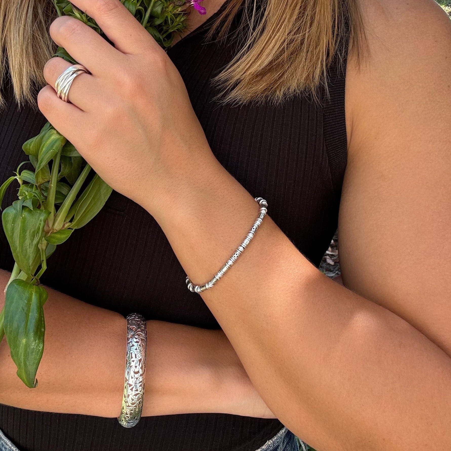 Rodello Bracelet worn with Amuse Me Ring and Sterling Vineyard Bangle
