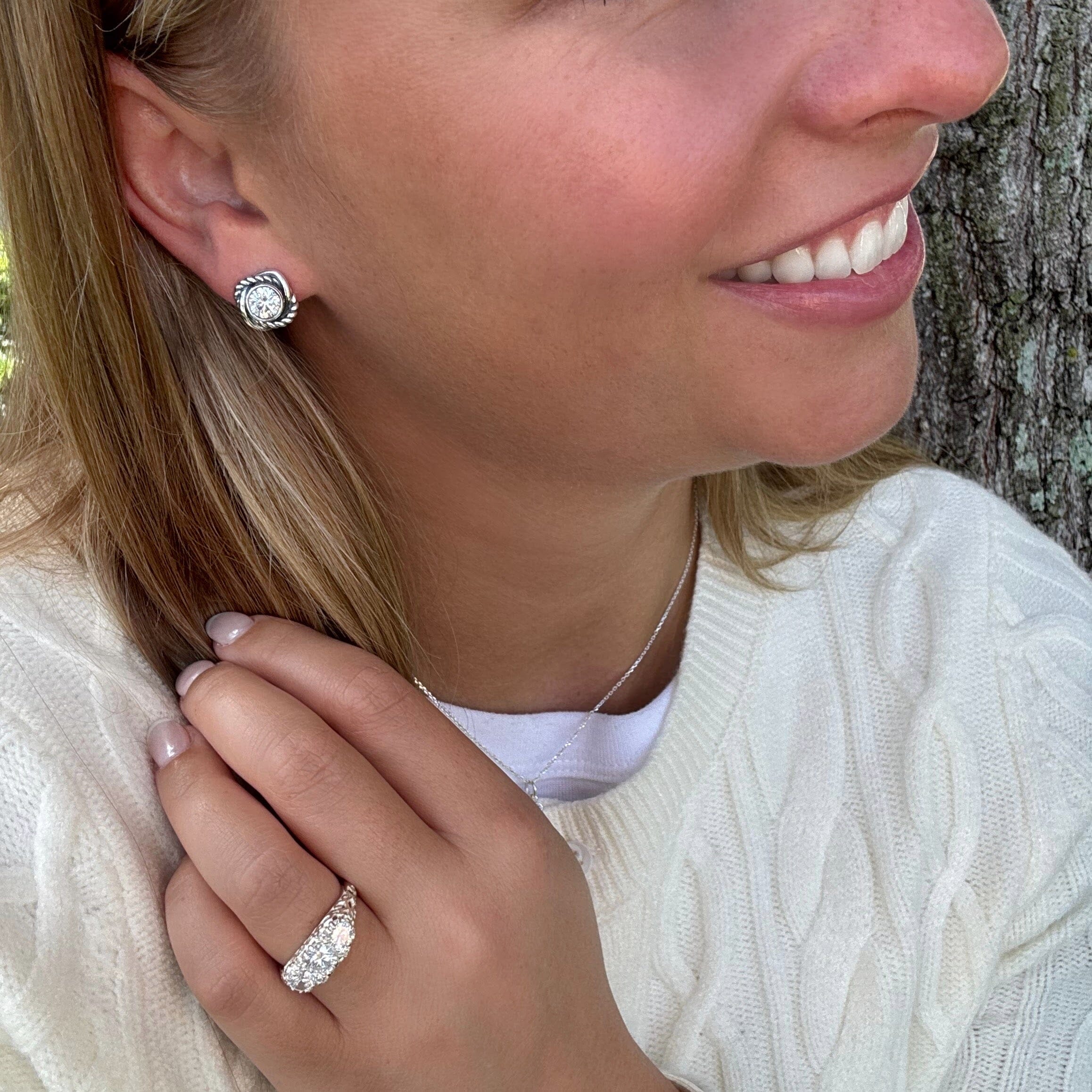 round cubic zirconia set in square stud earrings - Round the Square