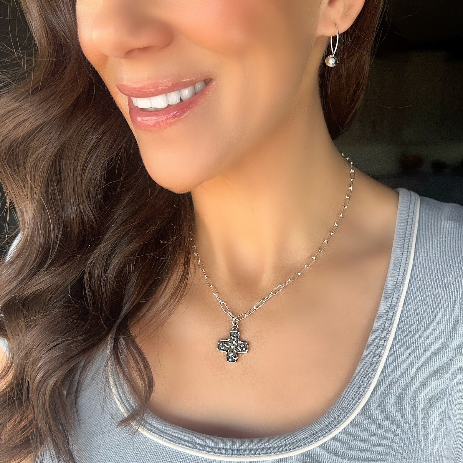 sterling silver paperclip chain necklace with a cross pendant. dottie earrings
