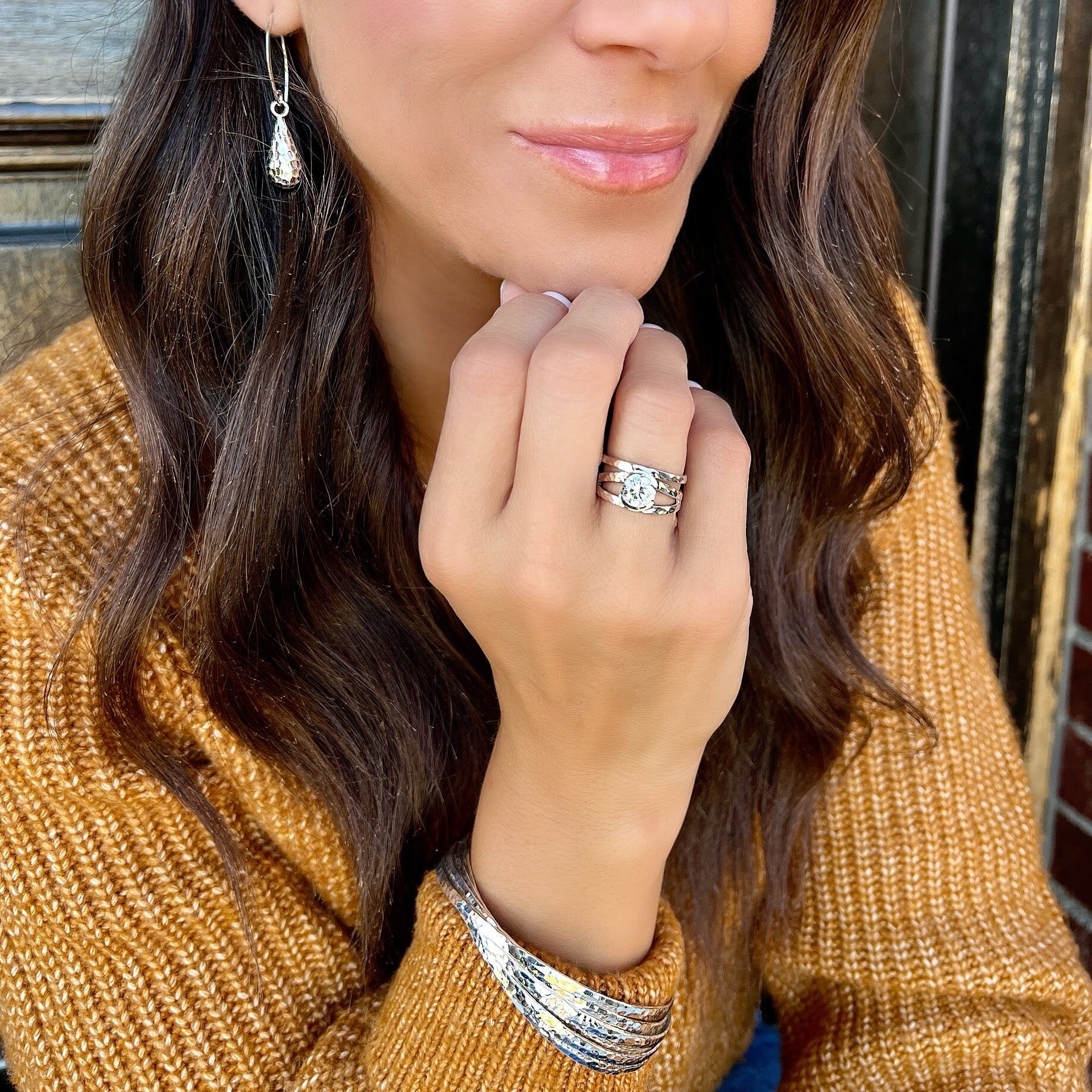 Silver Sonata Ring paired with Mucho Gusto Earrings and The Falls Bangle