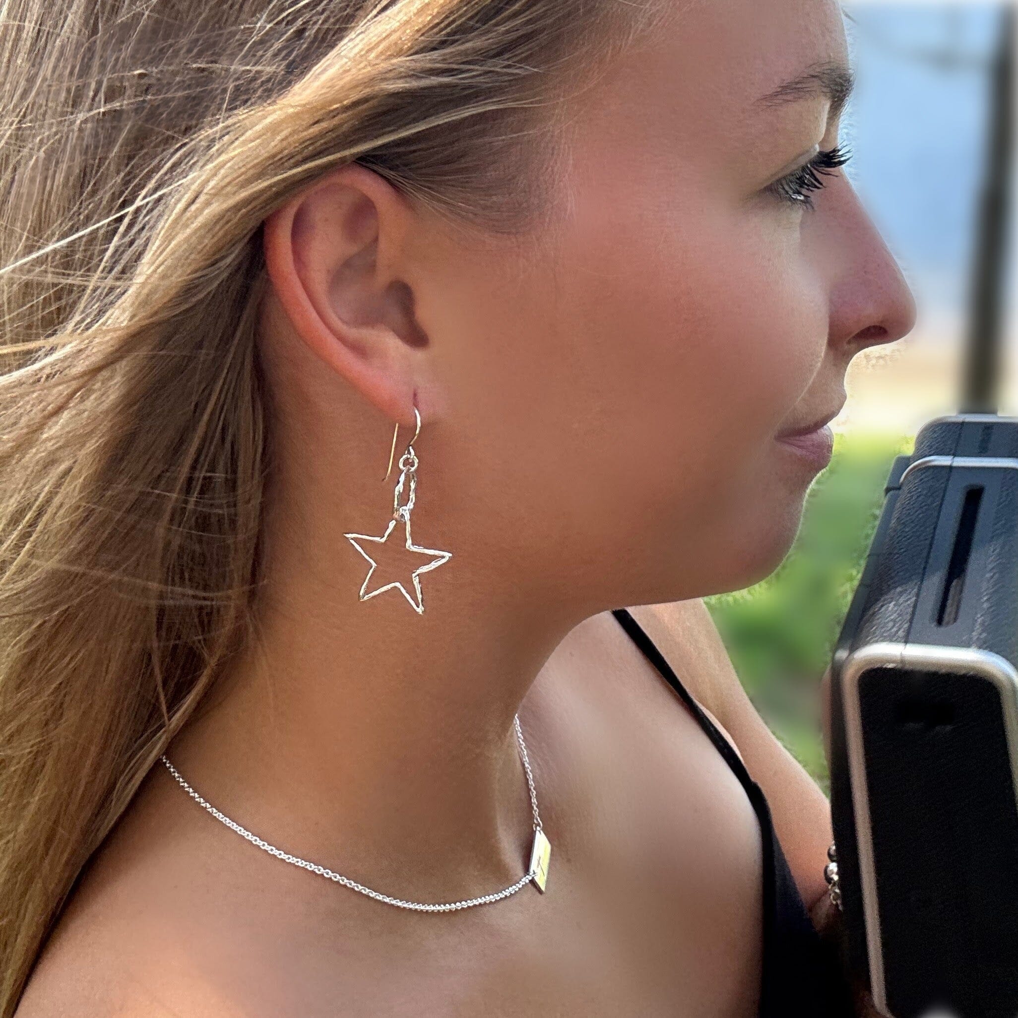 sterling silver star handcrafted earrings paired with the Cross bar necklace