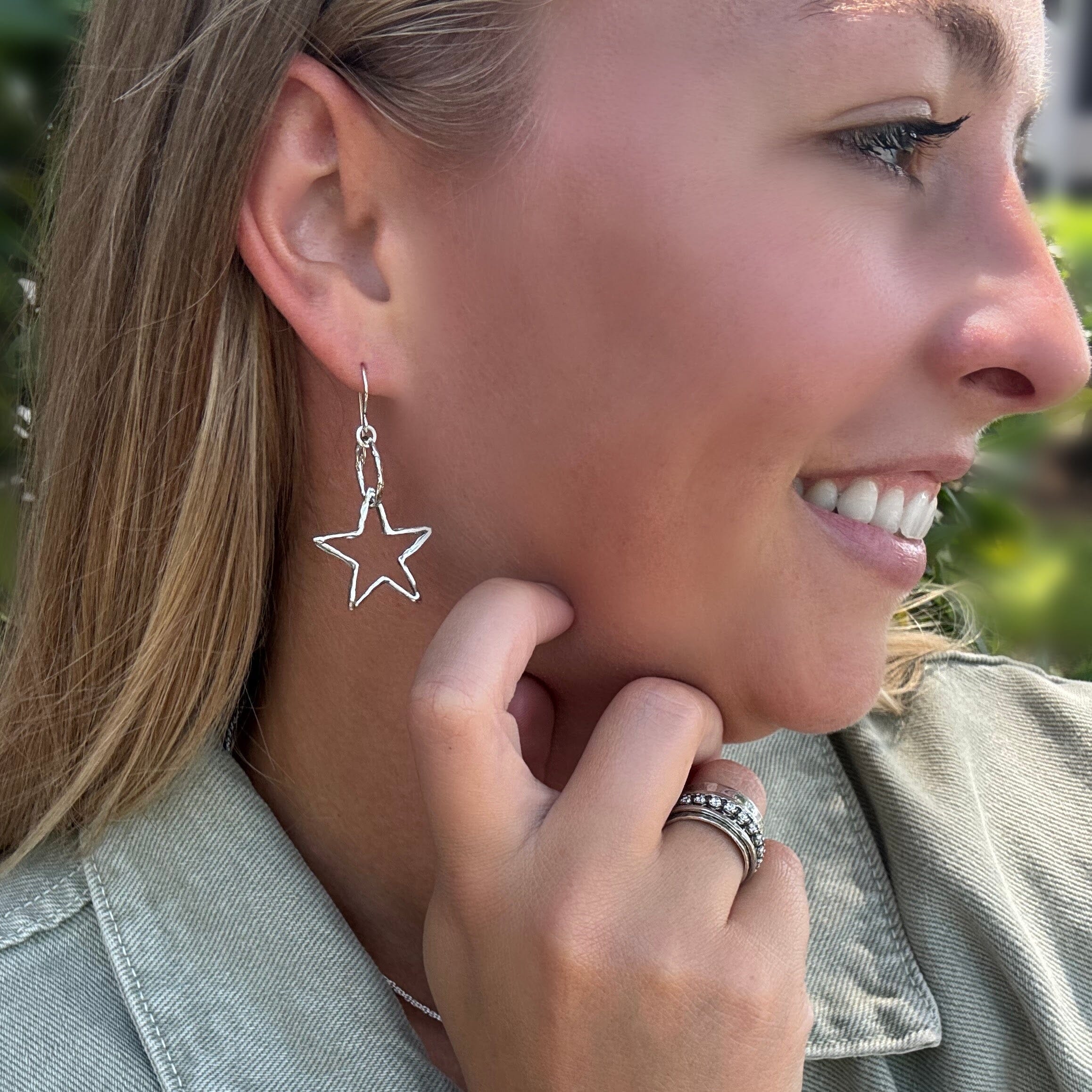 Star Spangled earrings paired with sterling silver primitive shine ring