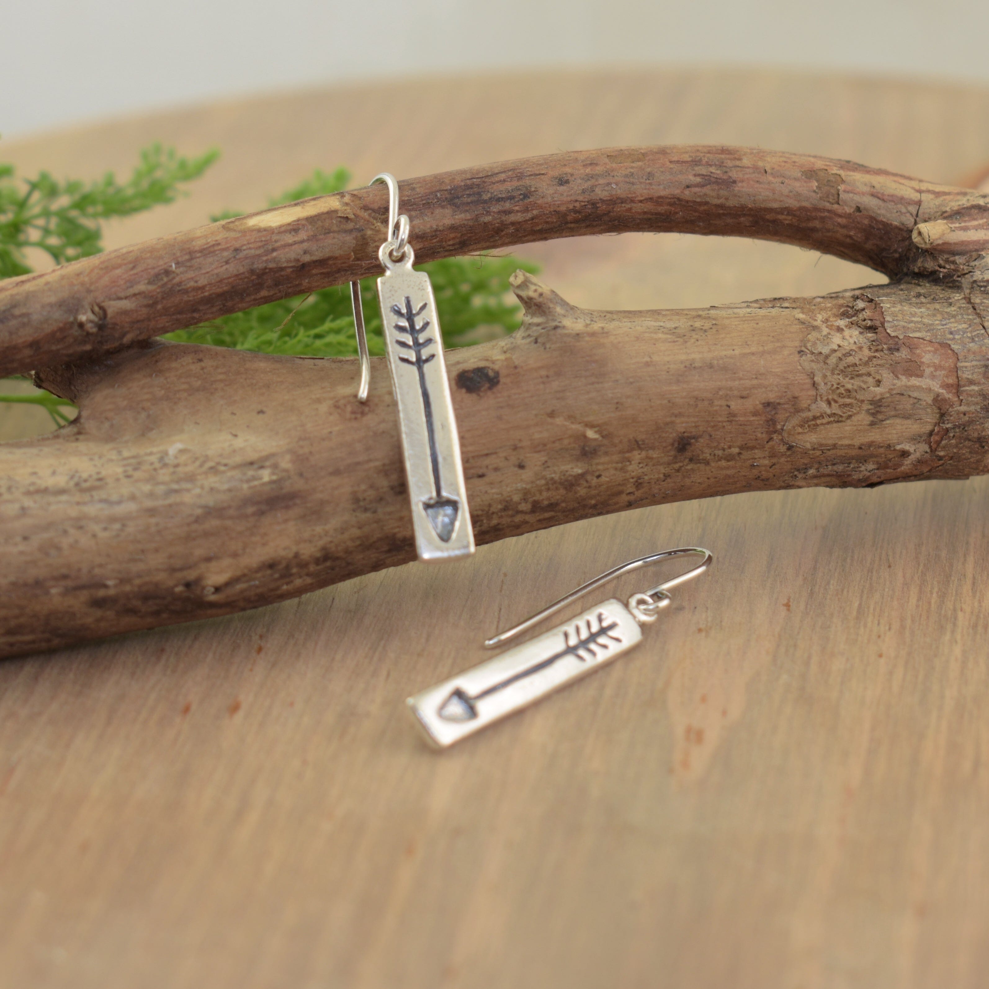 sterling silver silver bar arrow earrings on a hook wire