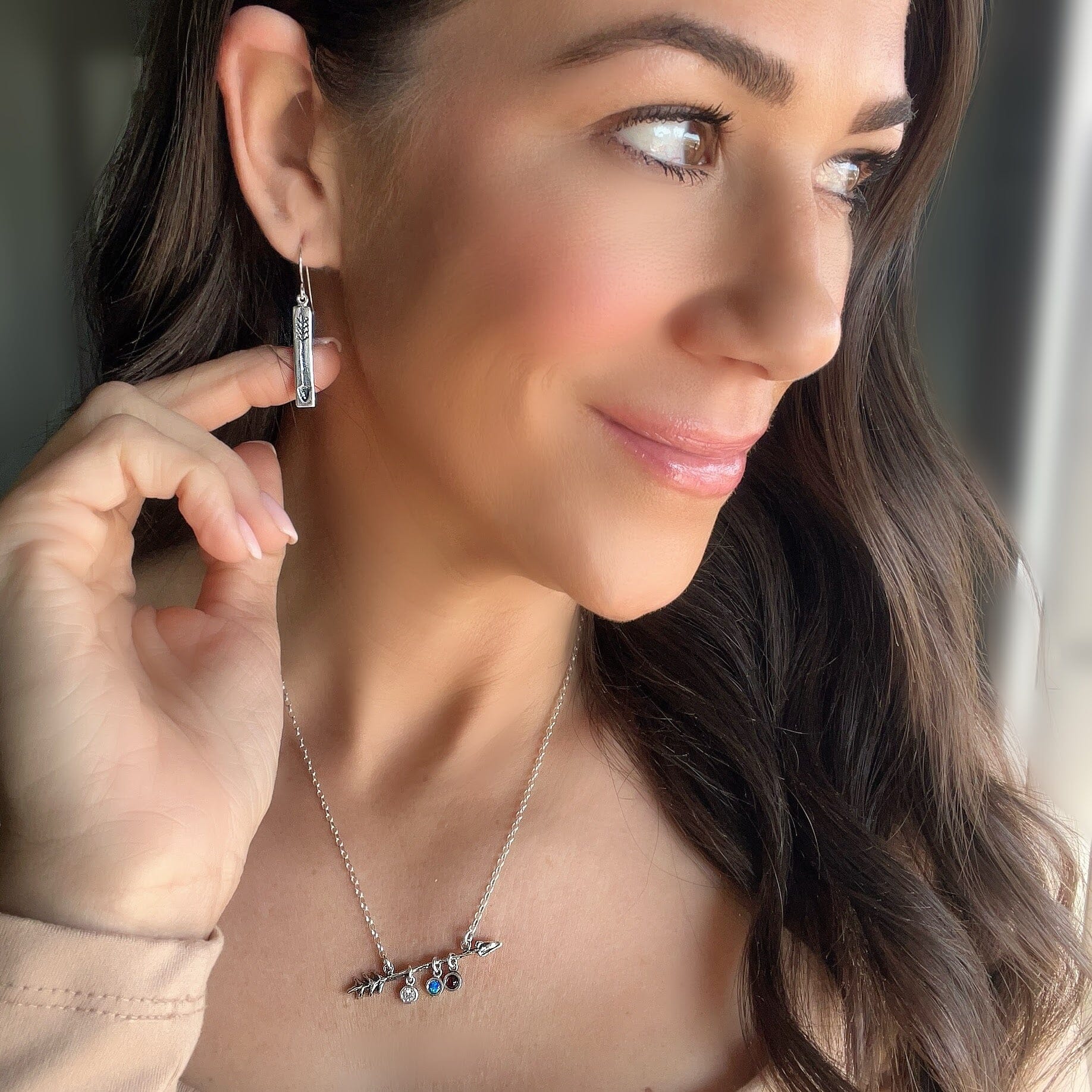 sterling silver handcrafted arrow earrings and personalized raising arrows necklace