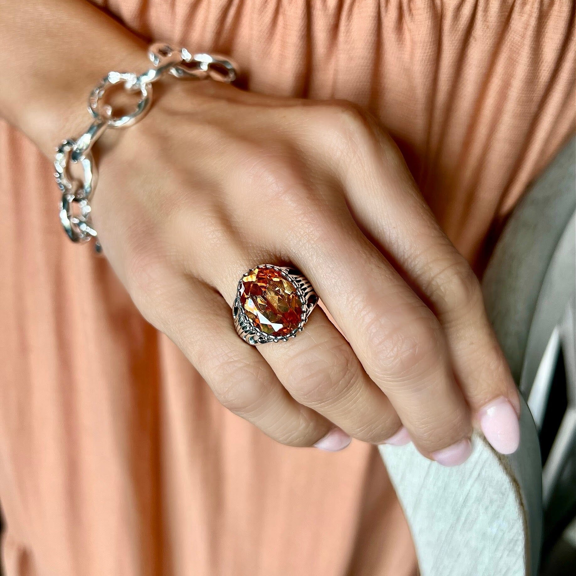 sterling silver handcrafted ring featuring a statement Champagne CZ stone paired with today's girl bracelet