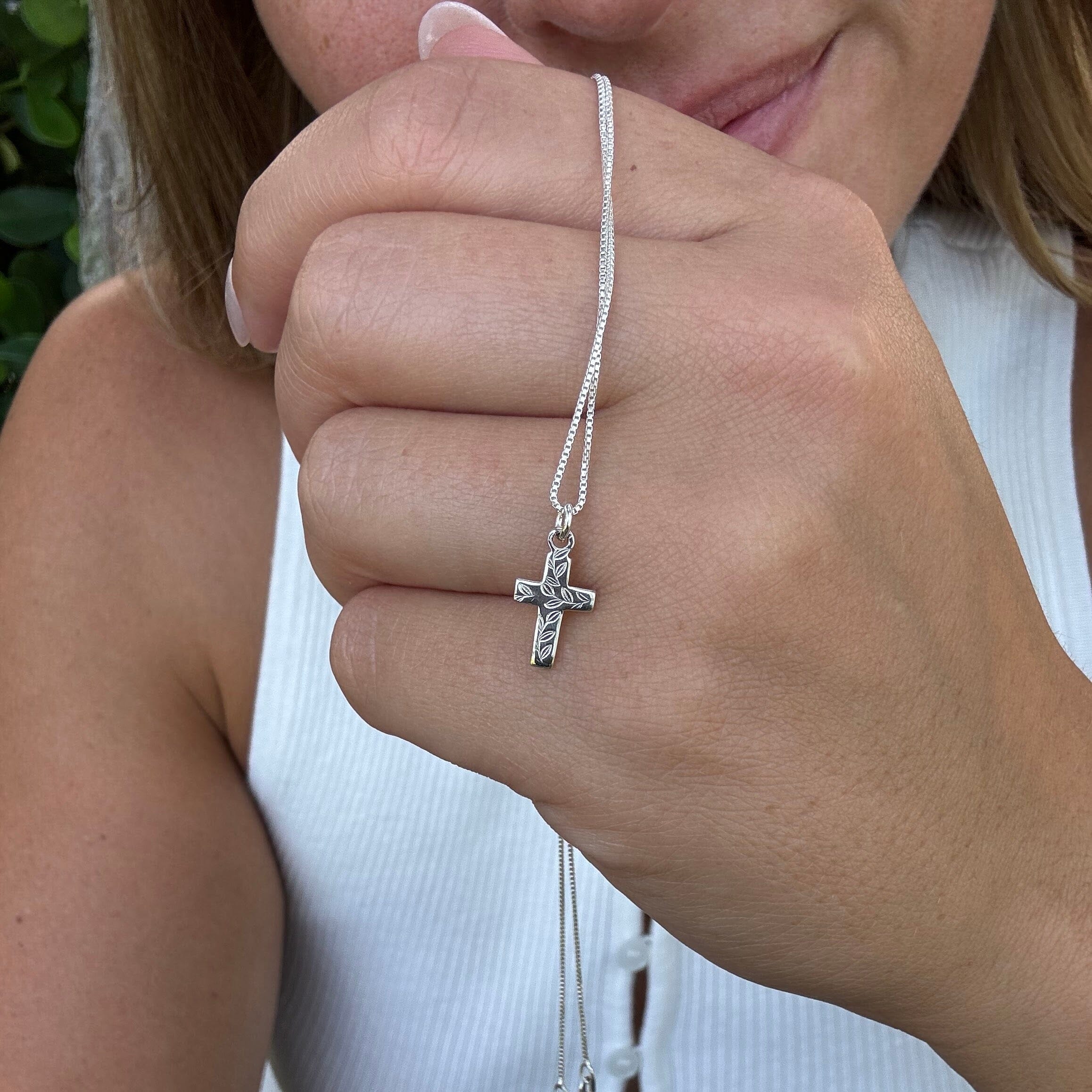 sterling silver hand stamped cross necklace