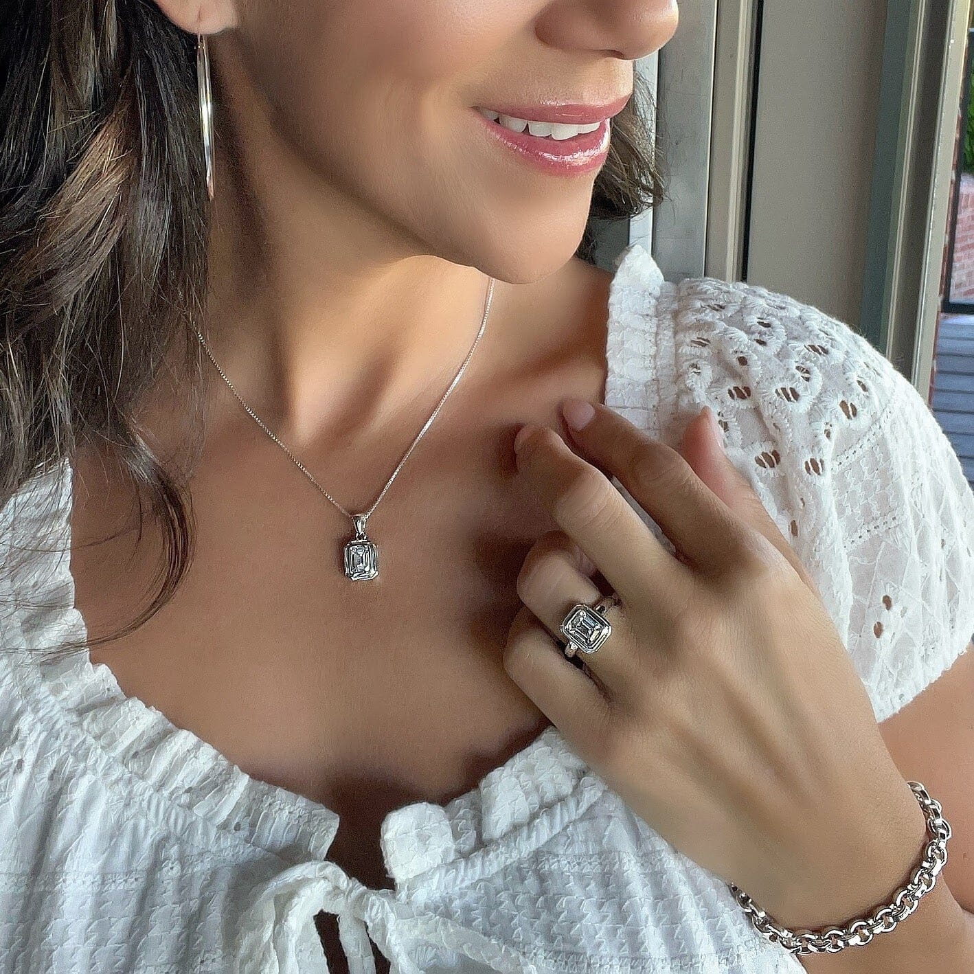 silver jewelry, CZ stone necklace, CZ Tiffany ring paired with Bonita Bracelet.