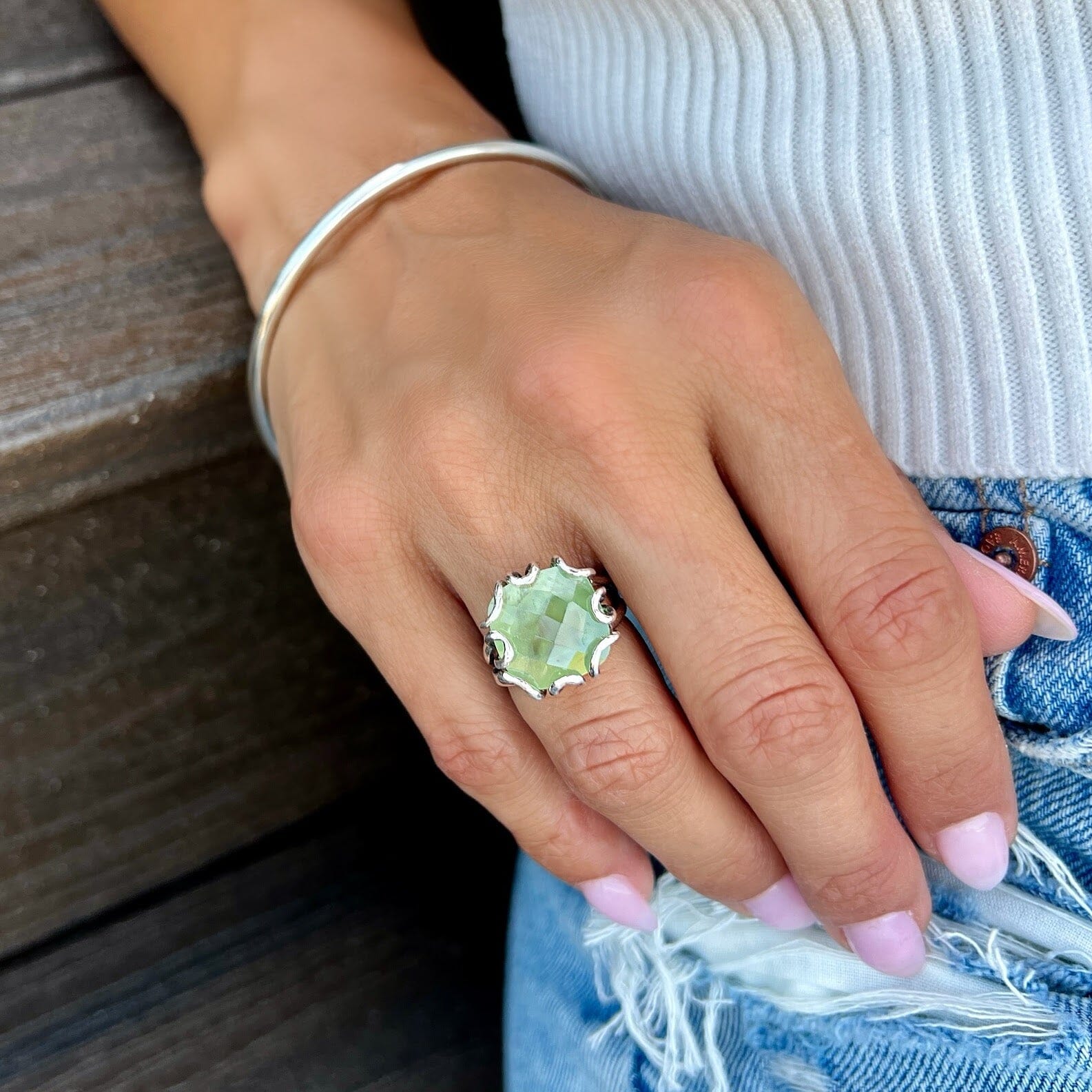 High Polished oxidized ring with a Prehnite stone in the center