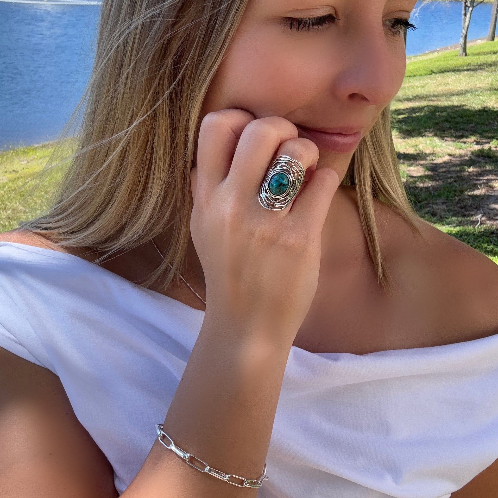 handcrafted unique silver oval ring paired with silver creek bracelet