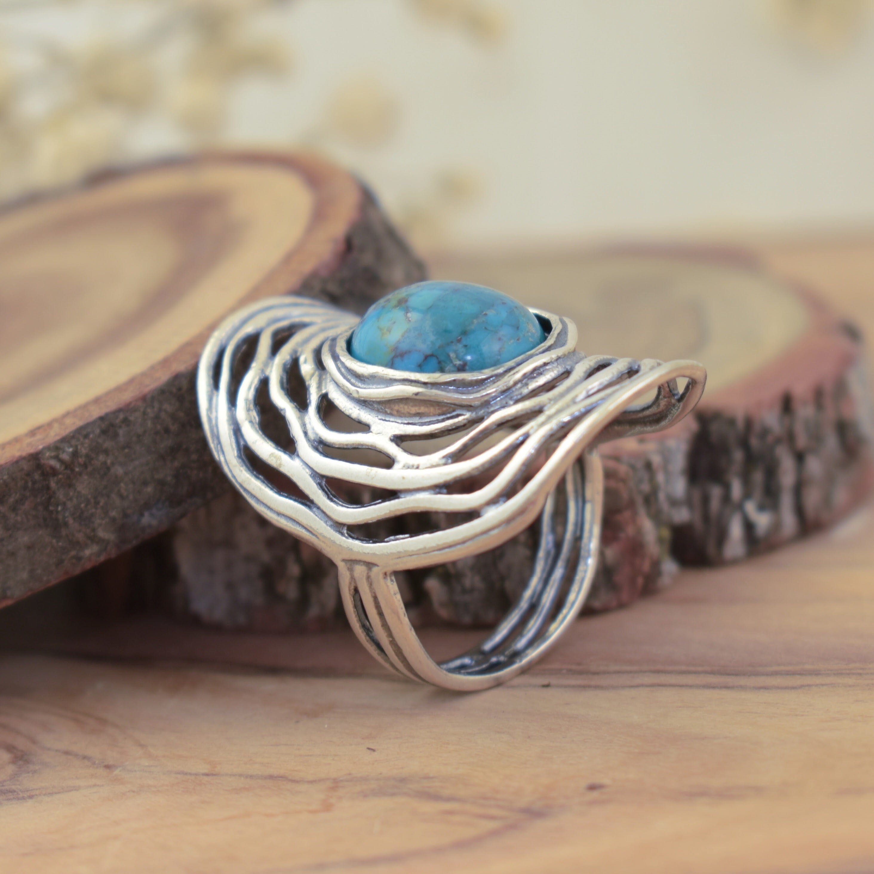 chunky western-style turquoise ring in sterling silver - Wind River