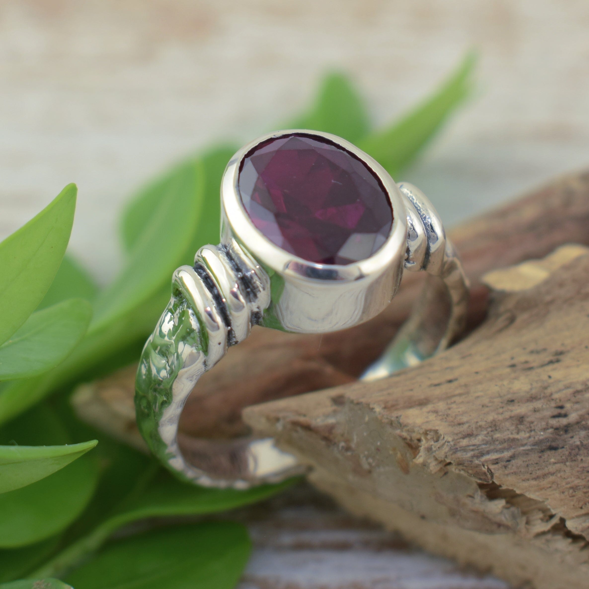 Hammered finish sterling silver ring with Rubellite