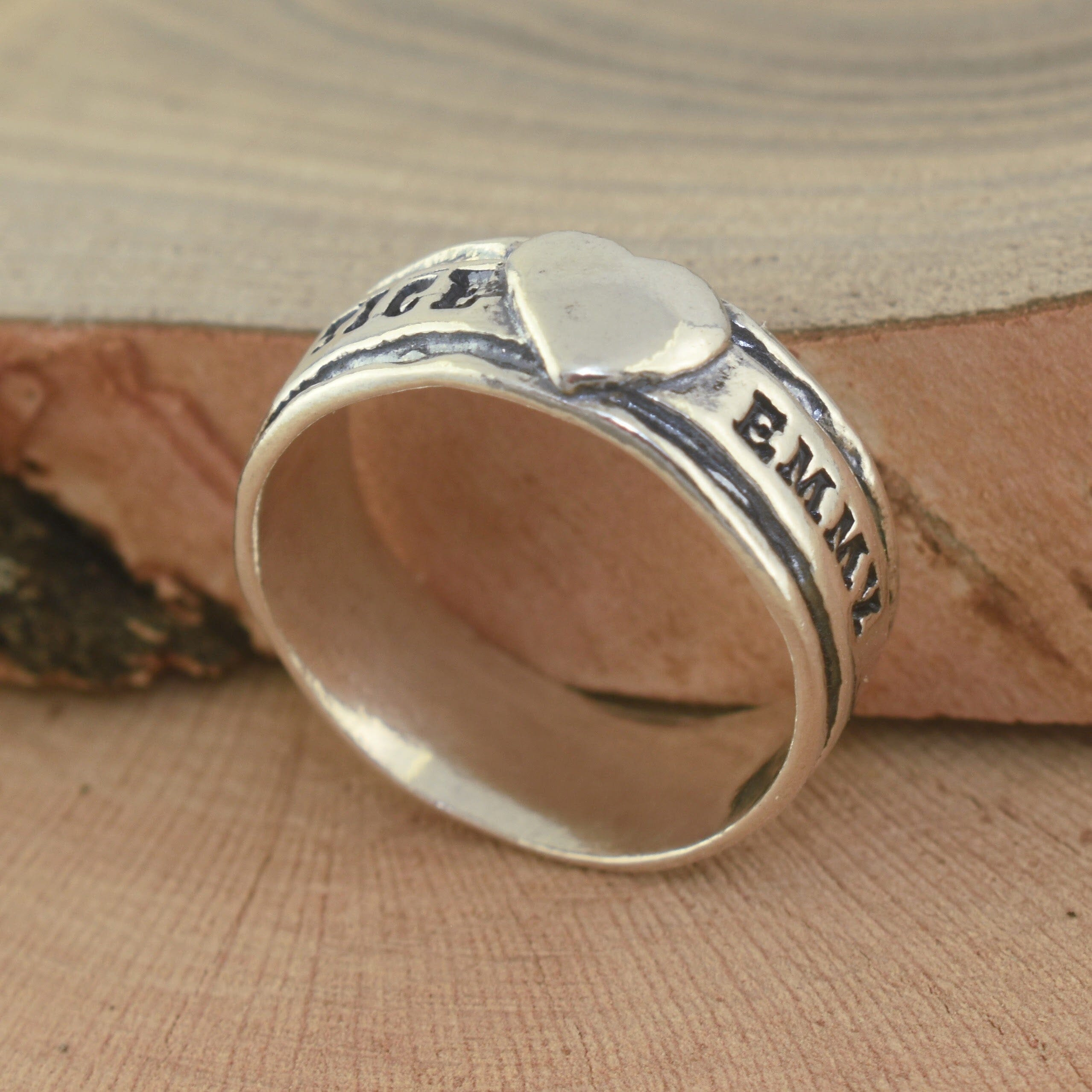 Heart personalized ring hand stamped with two names of your choosing