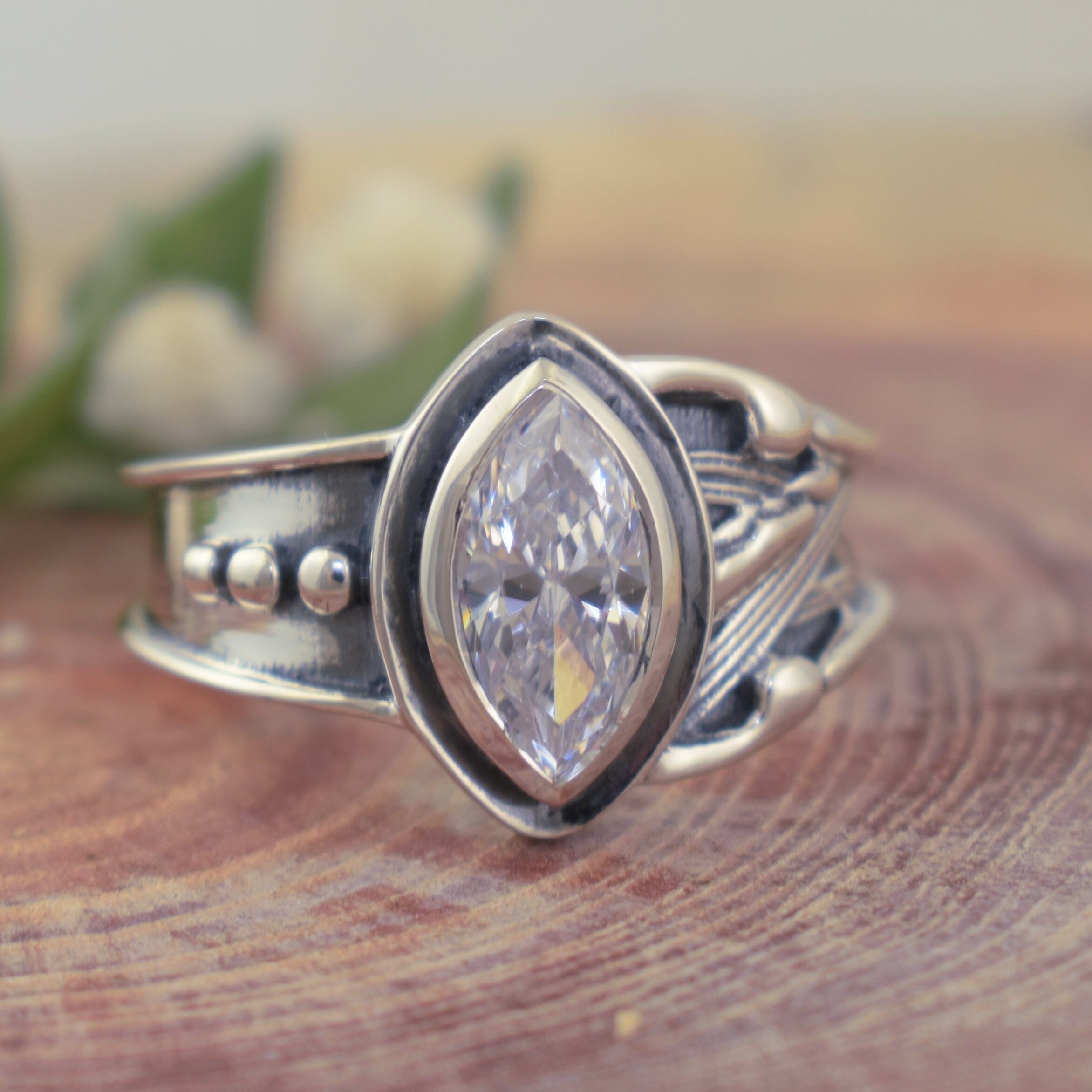 Marquise style sterling silver and cz ring