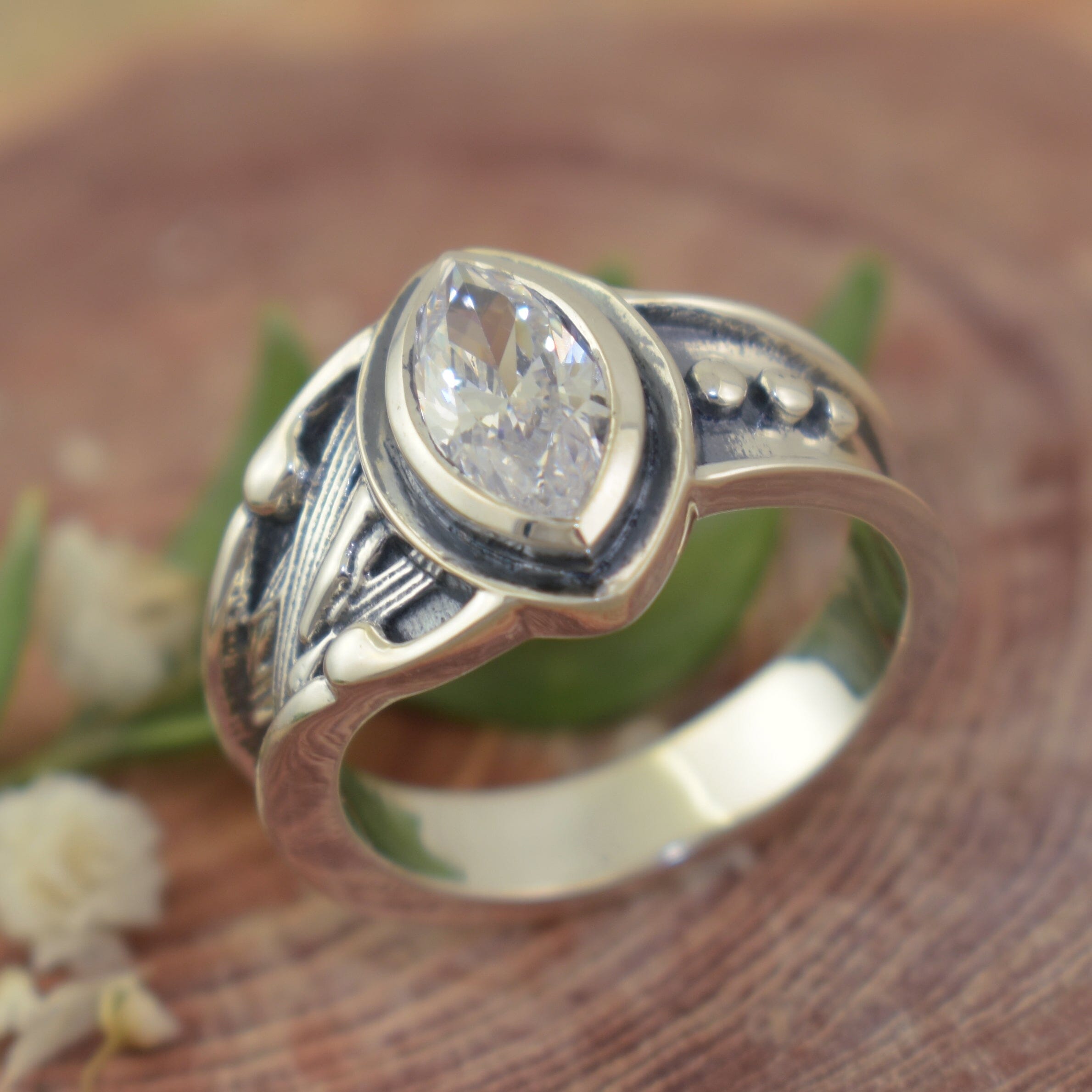 Business Casual sterling silver ring featuring two different style band